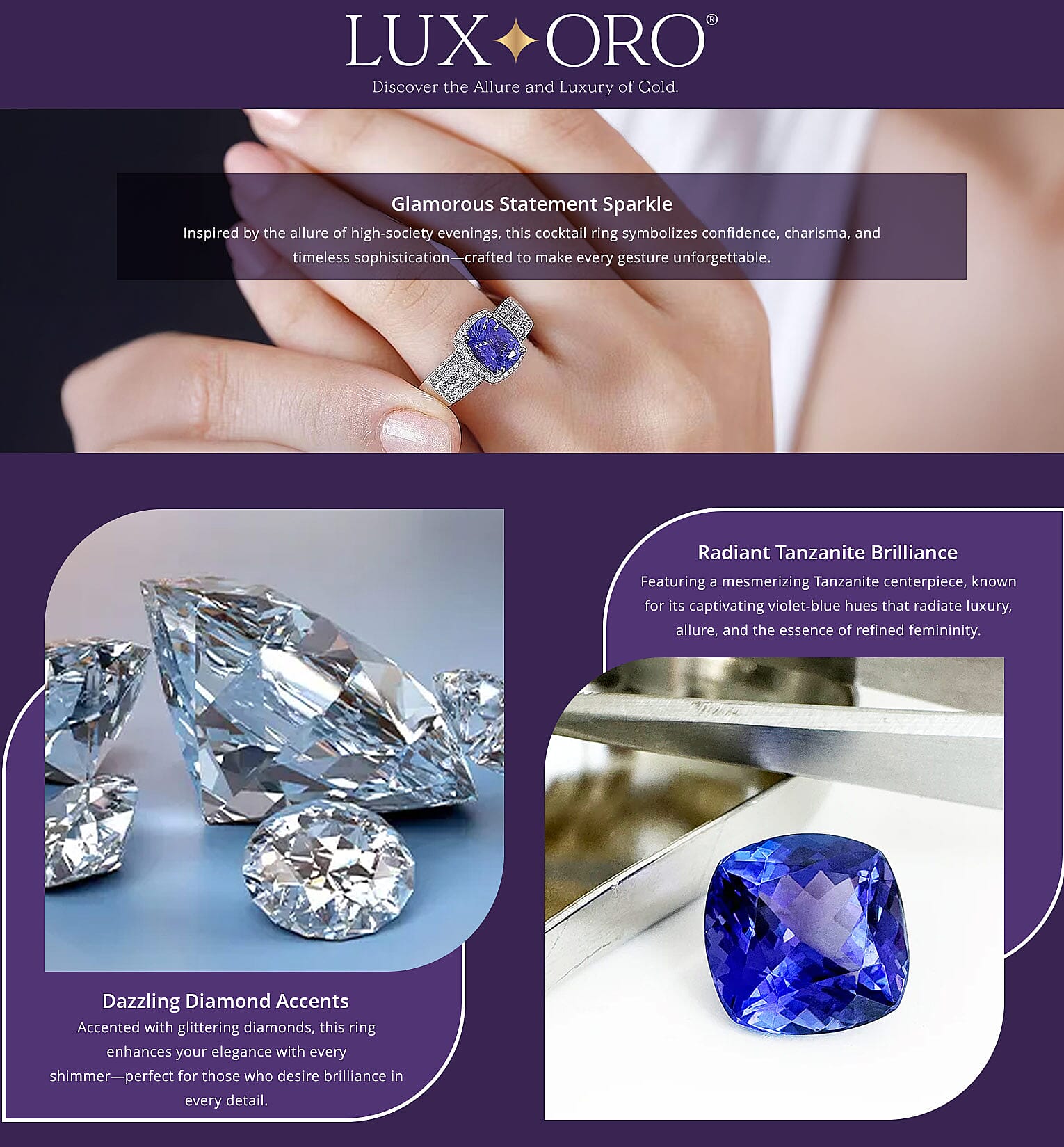 Luxoro Premium Tanzanite and G-H I2 Diamond 2.40 ctw Cocktail Ring in 14K White Gold Banner