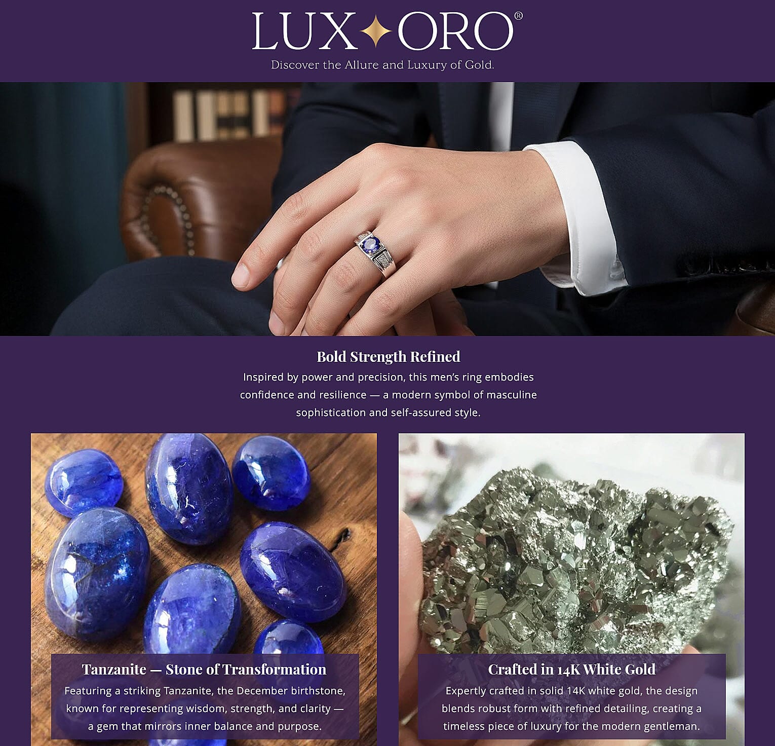 Luxoro 14K White Gold AAA Tanzanite and G-H I2 Diamond Men's Ring 7.15 Grams 1.90 ctw Banner