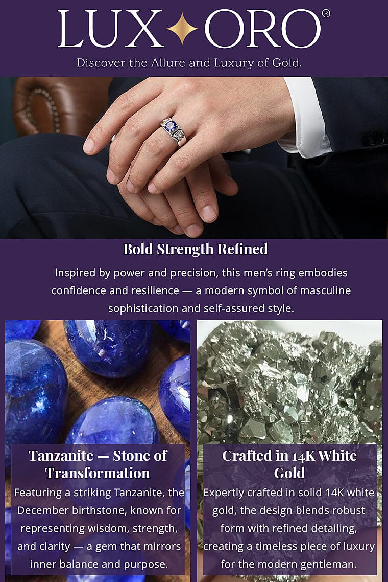 Luxoro 14K White Gold AAA Tanzanite and G-H I2 Diamond Men's Ring 7.15 Grams 1.90 ctw Banner