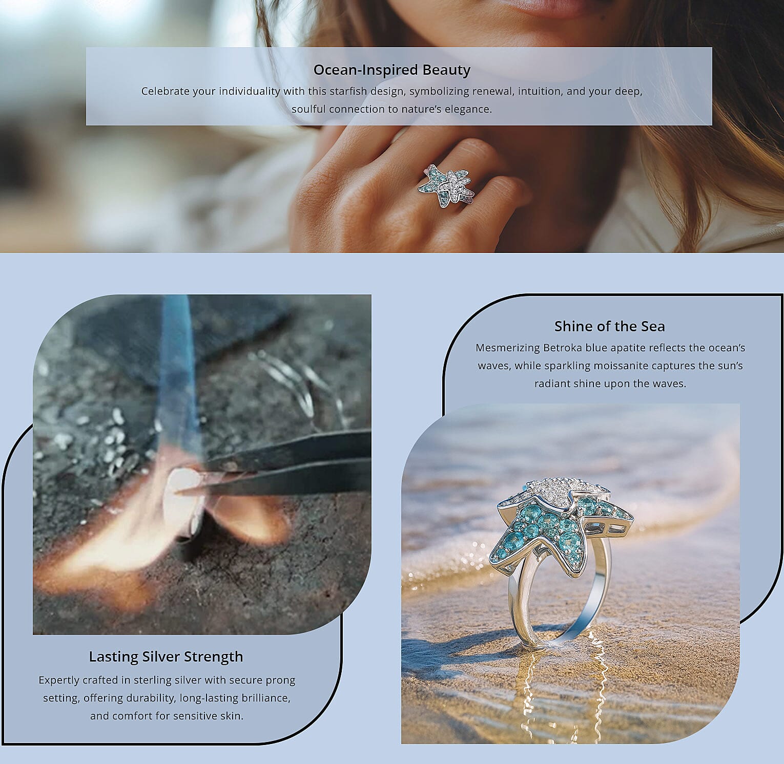 Premium Betroka Blue Apatite and Moissanite 1.00 ctw Starfish Ring Banner