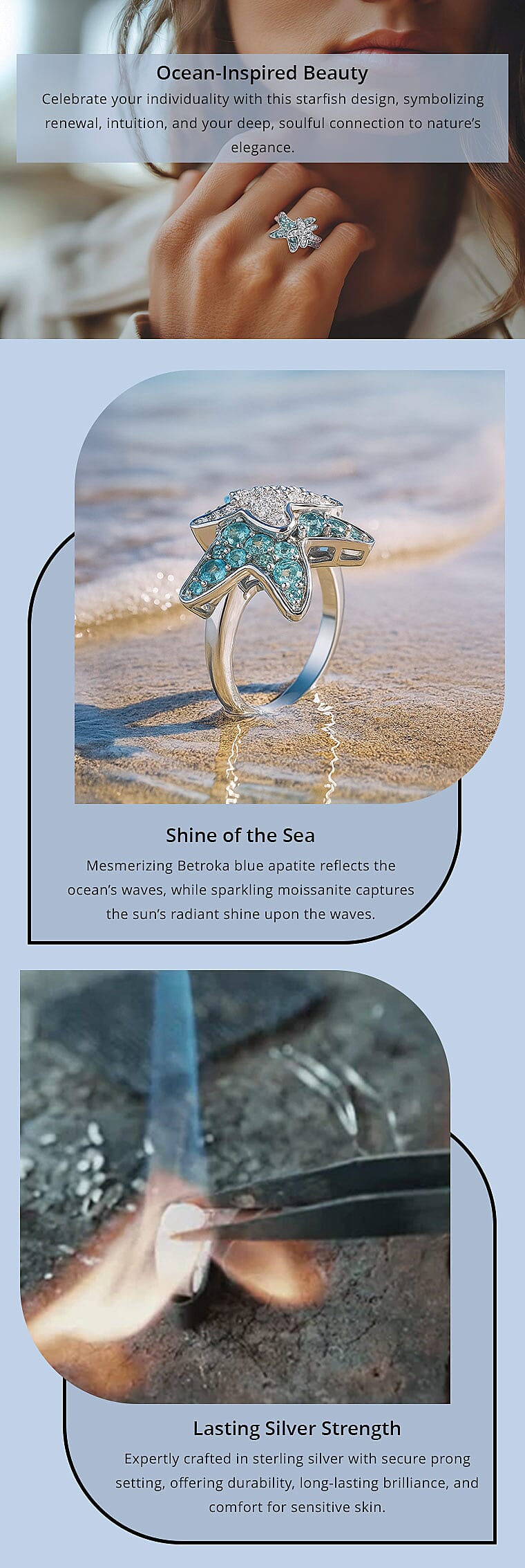 Premium Betroka Blue Apatite and Moissanite 1.00 ctw Starfish Ring Banner