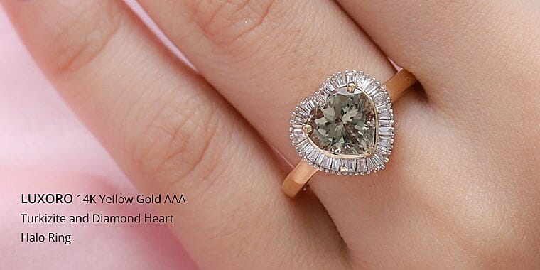 LUXORO 14K Yellow Gold AAA Turkizite and Diamond Heart Halo Ring Banner