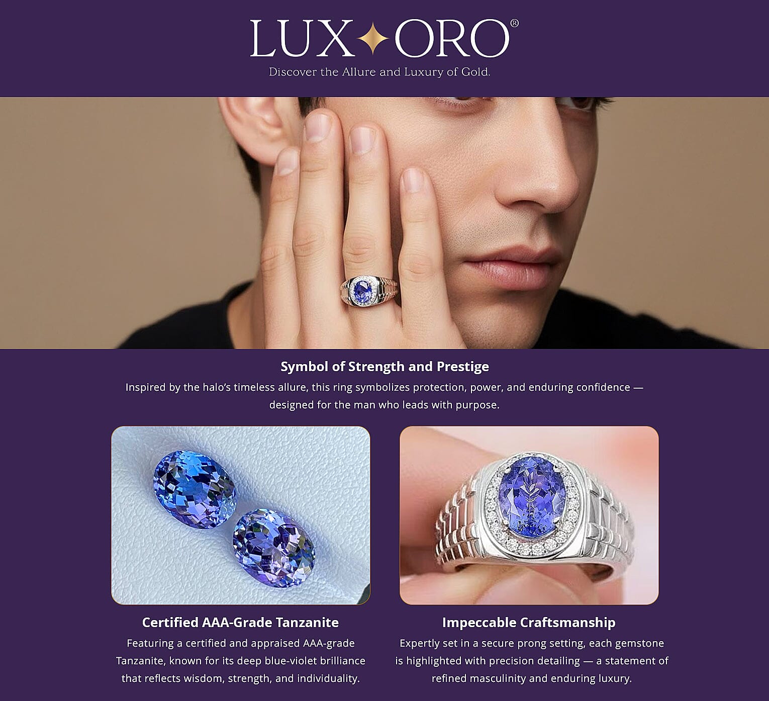 Certified & Appraised Luxoro AAA Tanzanite and G-H I2 Diamond 2.65 ctw Men's Ring in 14K White Gold 8.20 Grams Banner