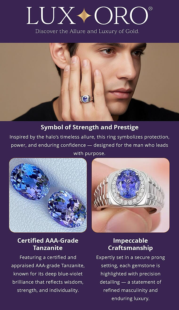 Certified & Appraised Luxoro AAA Tanzanite and G-H I2 Diamond 2.65 ctw Men's Ring in 14K White Gold 8.20 Grams Banner