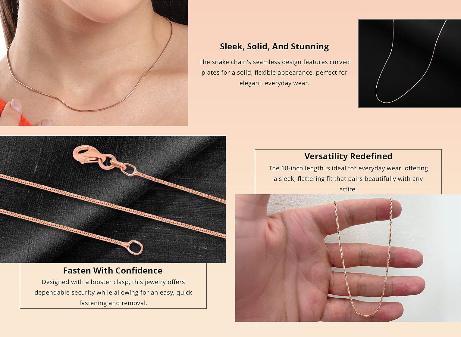 Italian 14K Rose Gold Over Sterling Silver Round Snake Chain Necklace 18 Inches Banner