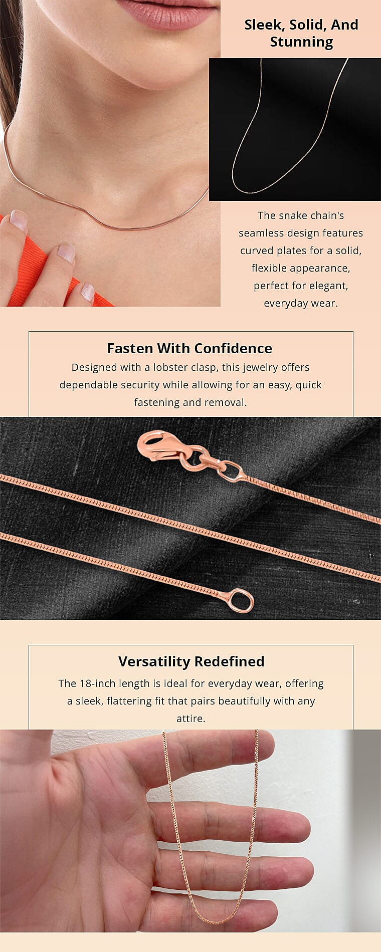 Italian 14K Rose Gold Over Sterling Silver Round Snake Chain Necklace 18 Inches Banner