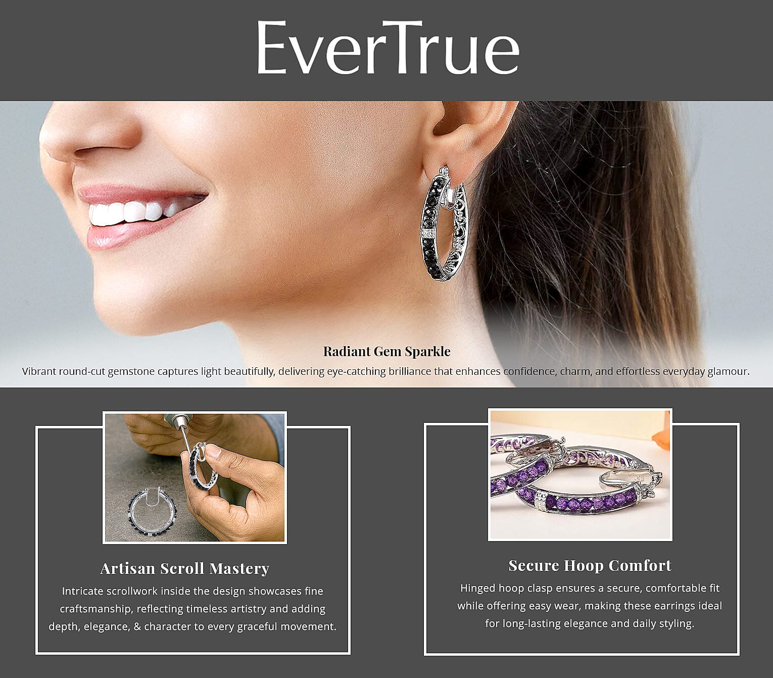 EverTrue Thai Black Spinel 15 ctw Hoop Earrings Banner