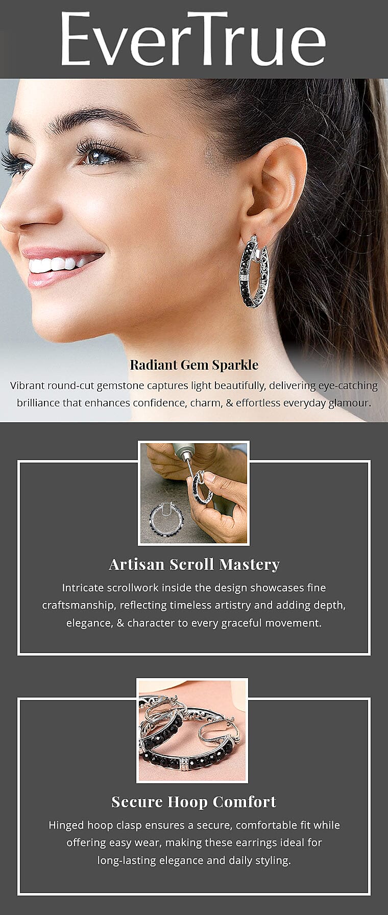 EverTrue Thai Black Spinel 15 ctw Hoop Earrings Banner