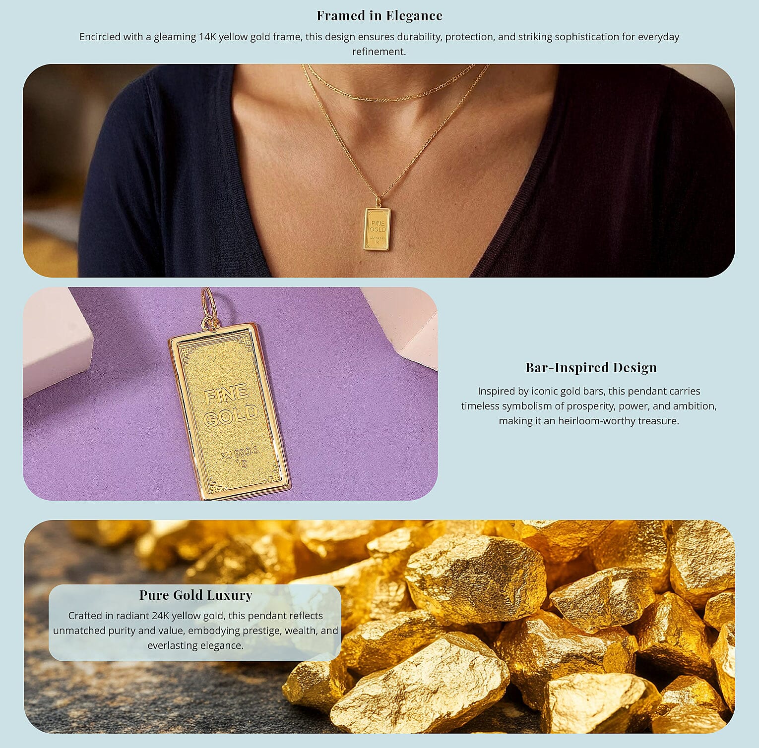 24K Yellow Gold Ingot 21x10.67x0.8MM Pendant without Chain Bar (1g) in 14K Gold Frame (0.45g) (Total 1.4gm) Banner