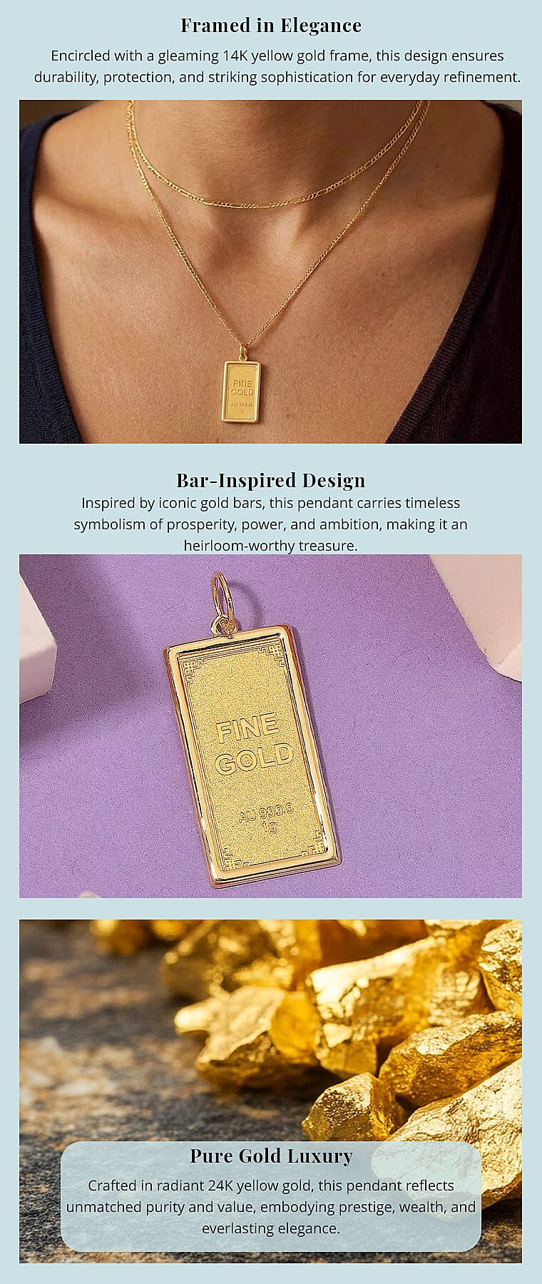 24K Yellow Gold Ingot 21x10.67x0.8MM Pendant without Chain Bar (1g) in 14K Gold Frame (0.45g) (Total 1.4gm) Banner