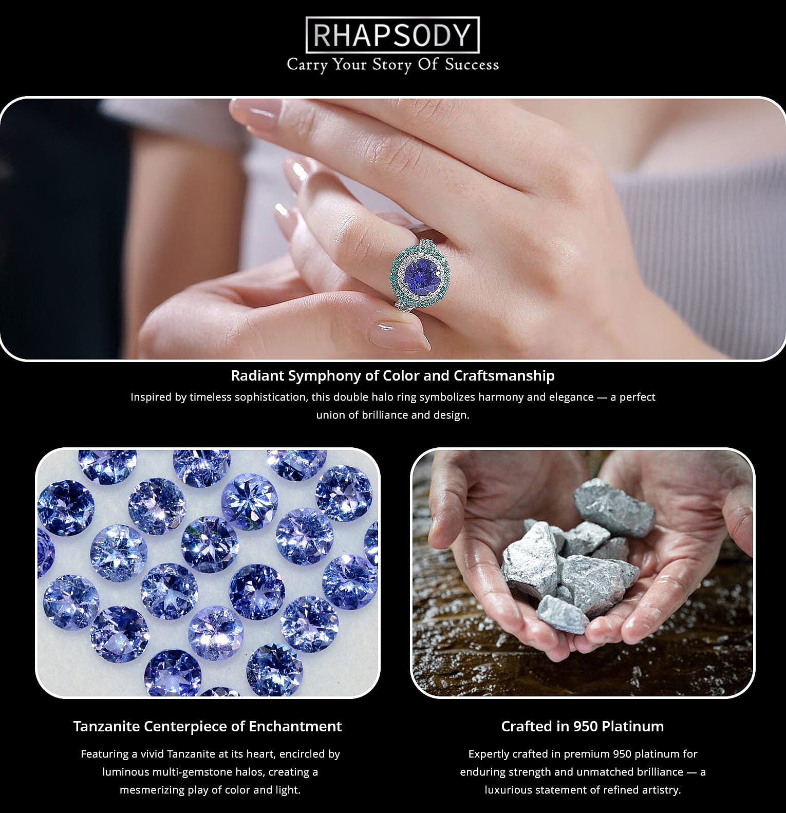 Certified & Appraised Rhapsody AAAA Tanzanite, Boyaca Colombian Emerald and E-F VS Diamond 4.22 ctw Ring in 950 Platinum 7.03 Grams Banner