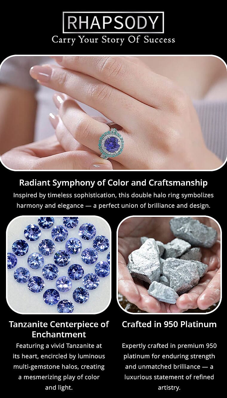 Certified & Appraised Rhapsody AAAA Tanzanite, Boyaca Colombian Emerald and E-F VS Diamond 4.22 ctw Ring in 950 Platinum 7.03 Grams Banner