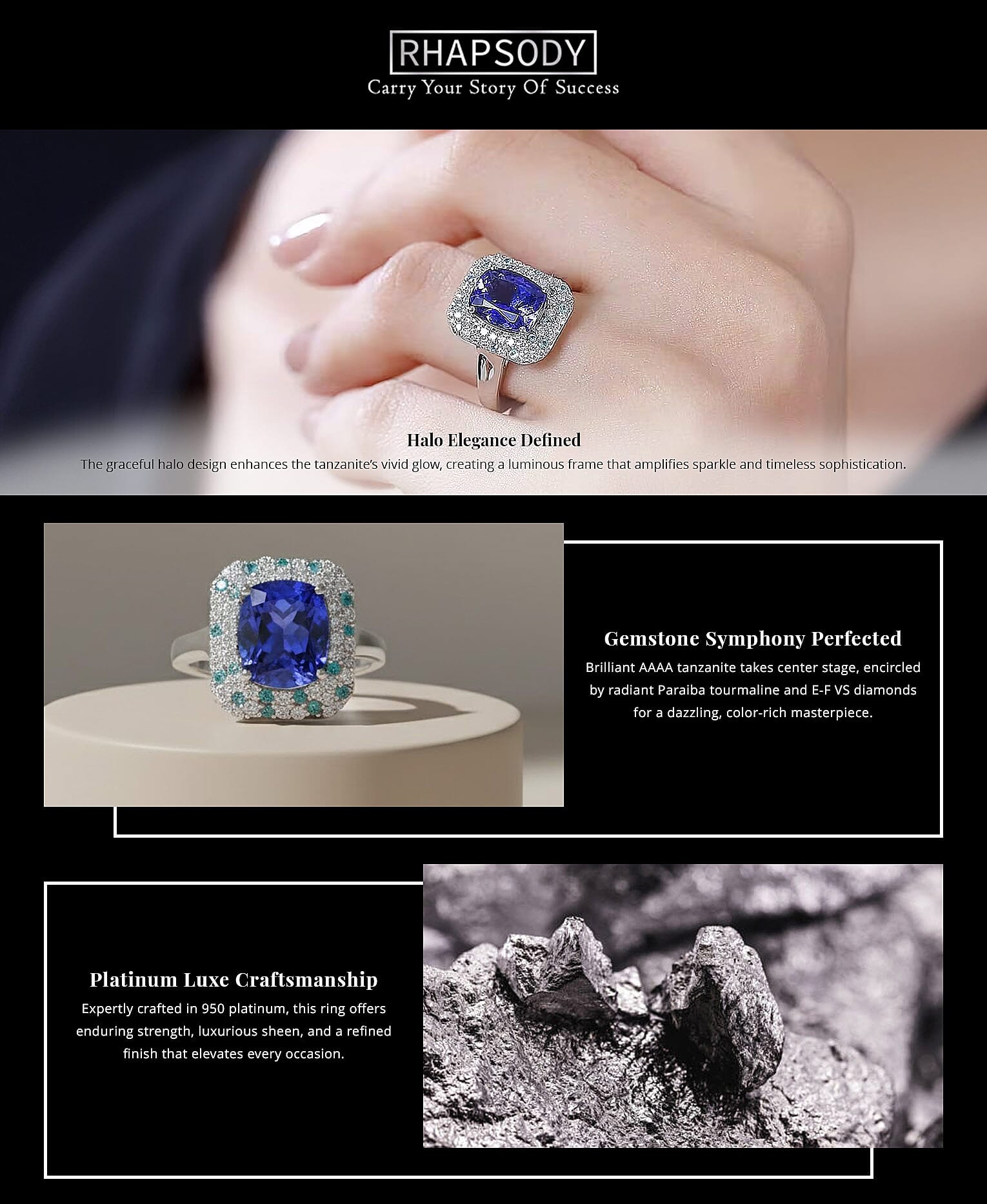 Certified & Appraised Rhapsody AAAA Tanzanite, Paraiba Tourmaline and E-F VS Diamond 4.25 ctw Ring in 950 Platinum 8.20 Grams Banner