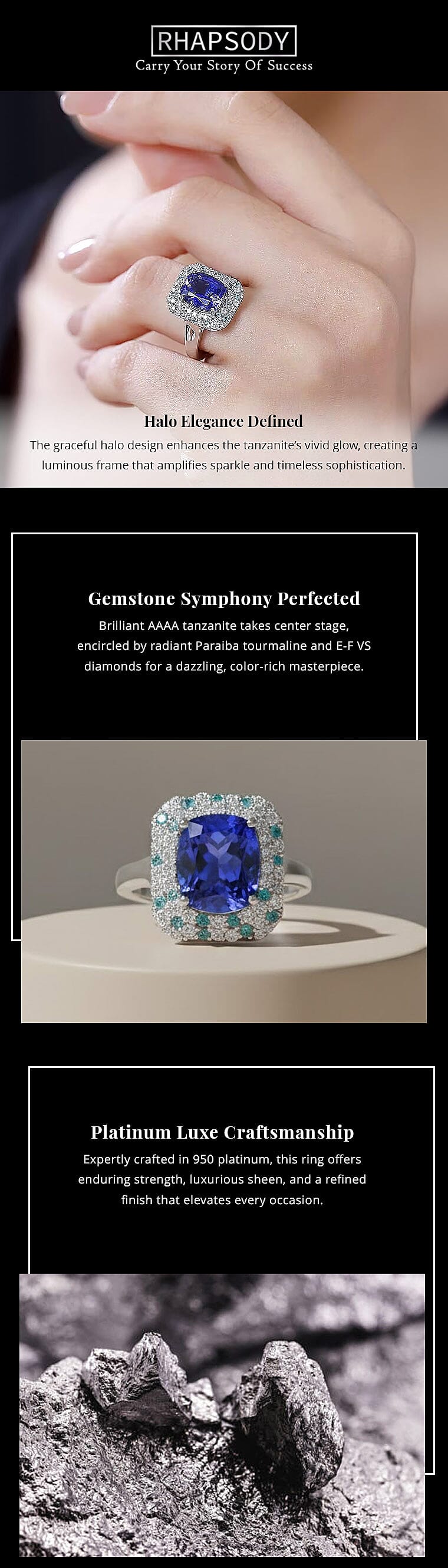 Certified & Appraised Rhapsody AAAA Tanzanite, Paraiba Tourmaline and E-F VS Diamond 4.25 ctw Ring in 950 Platinum 8.20 Grams Banner
