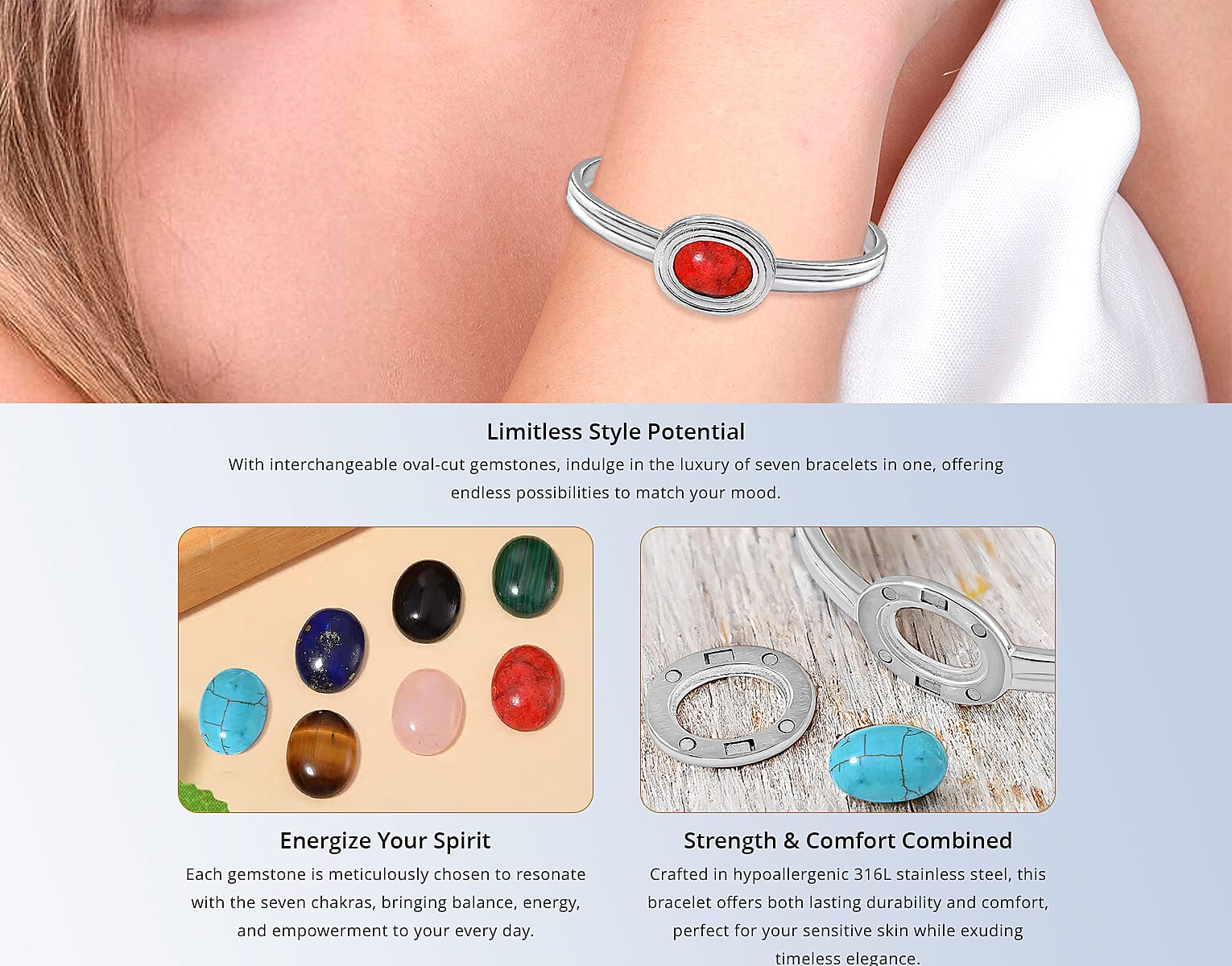 Seven Chakra Multi Gemstone 59.50 ctw Bangle Bracelet in Stainless Steel Banner