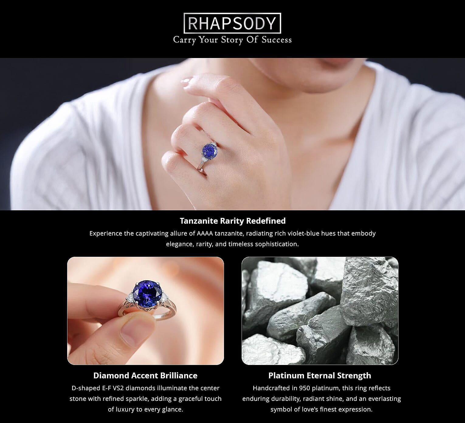 Certified & Appraised Rhapsody AAAA Tanzanite and E-F VS2 Diamond 4.27 ctw Ring in 950 Platinum 5.90 Grams Banner