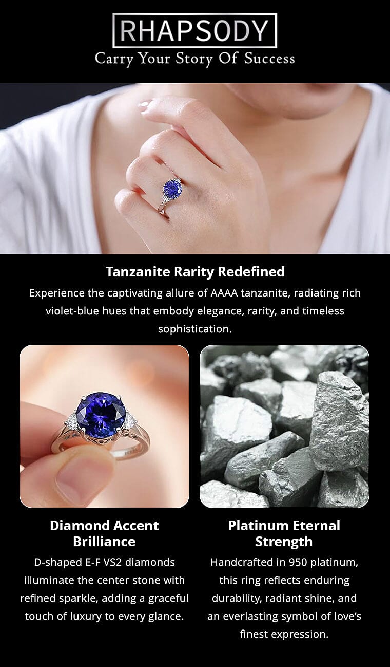 Certified & Appraised Rhapsody AAAA Tanzanite and E-F VS2 Diamond 4.27 ctw Ring in 950 Platinum 5.90 Grams Banner