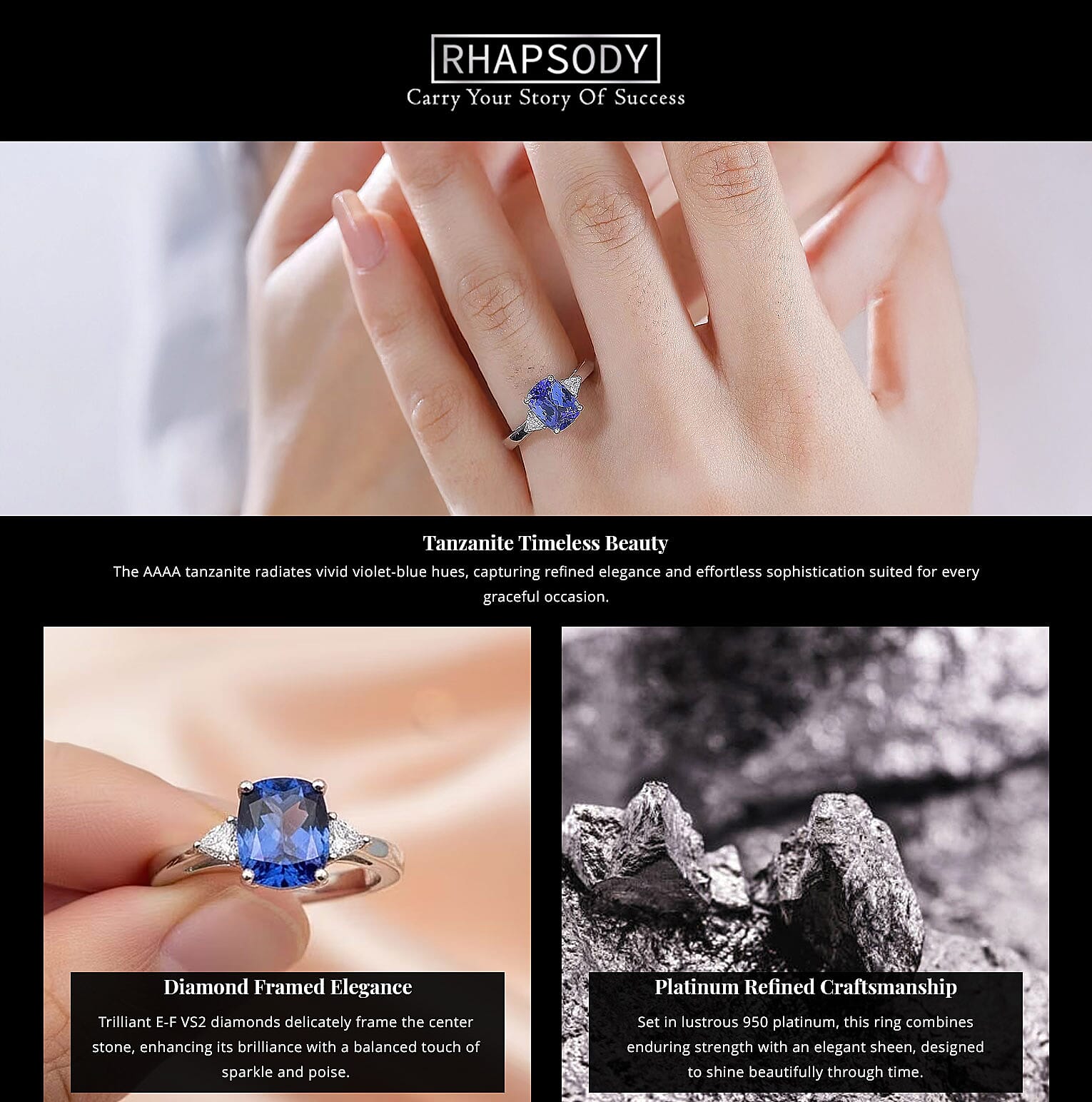 Certified & Appraised Rhapsody AAAA Tanzanite and E-F VS2 Diamond 2.50 ctw Ring in 950 Platinum 6.10 Grams Banner