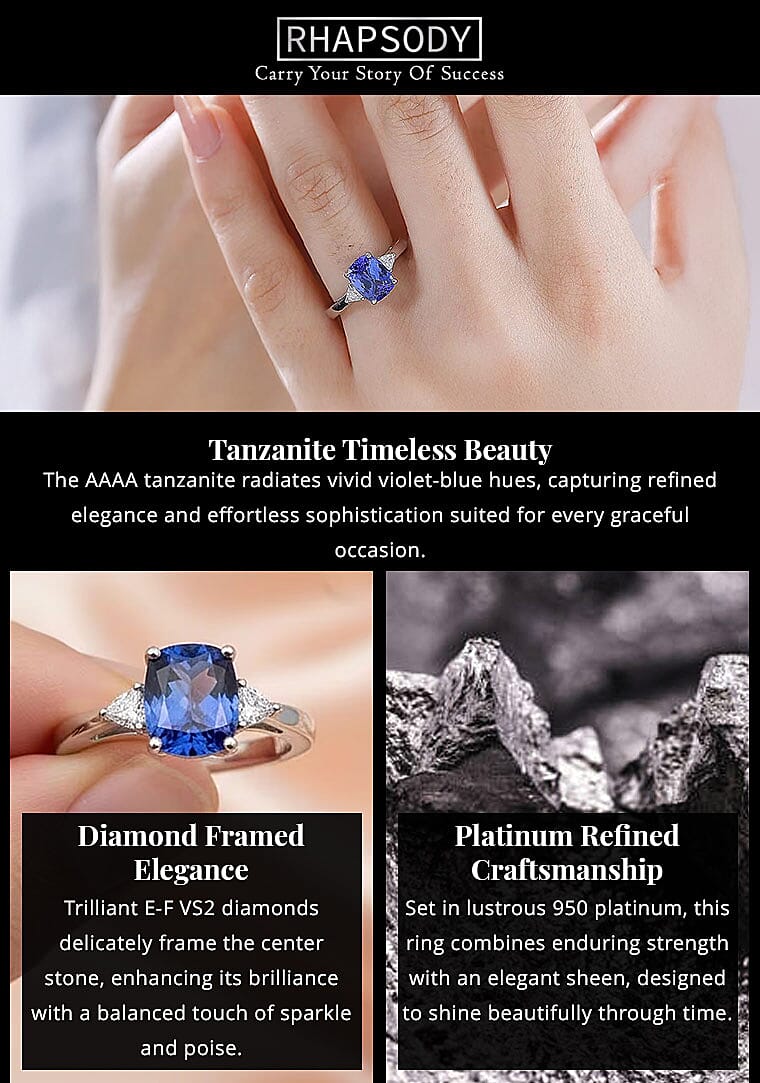 Certified & Appraised Rhapsody AAAA Tanzanite and E-F VS2 Diamond 2.50 ctw Ring in 950 Platinum 6.10 Grams Banner