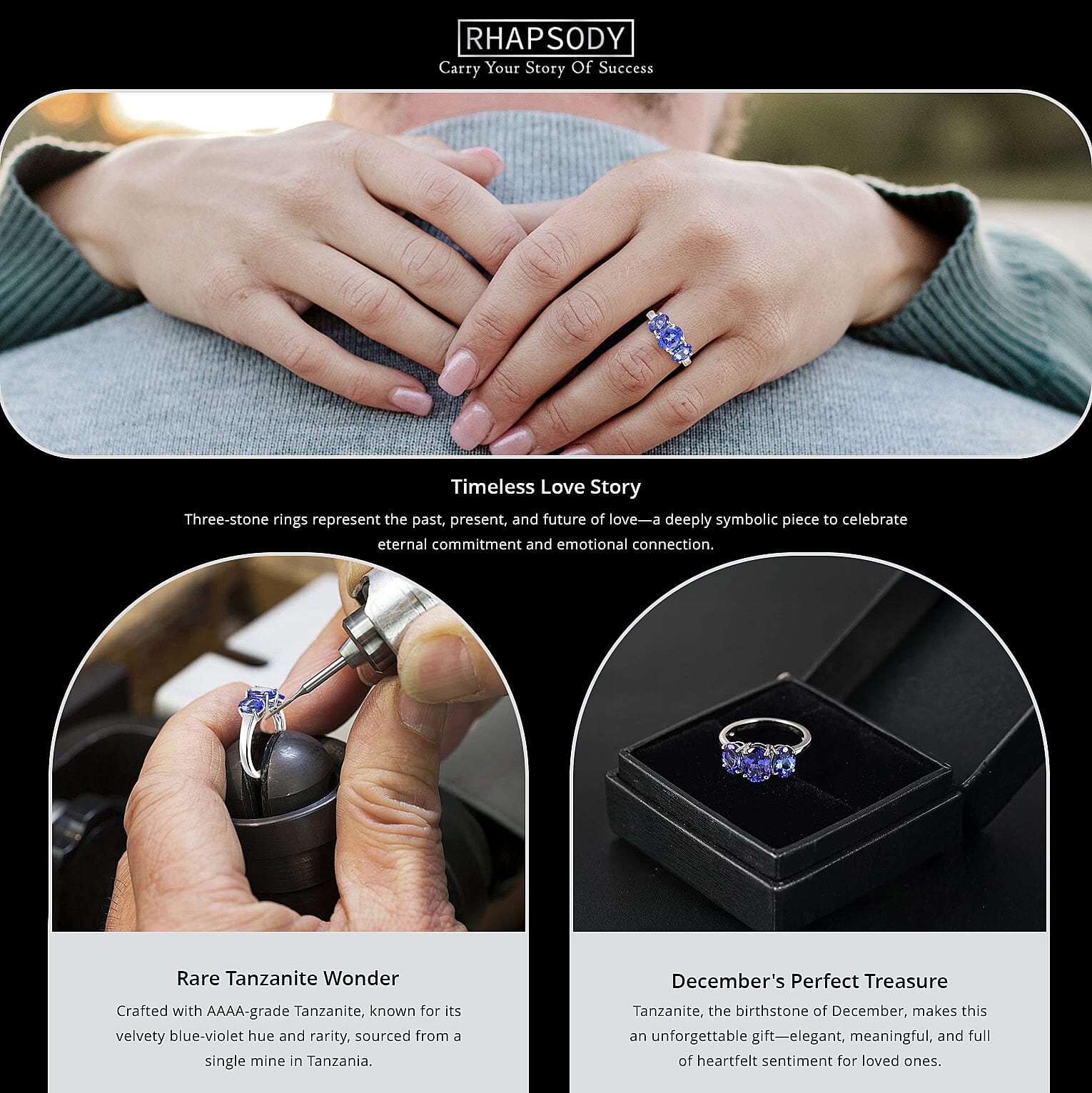 Certified & Appraised Rhapsody AAAA Tanzanite 3.26 ctw 3 Stone Ring Banner