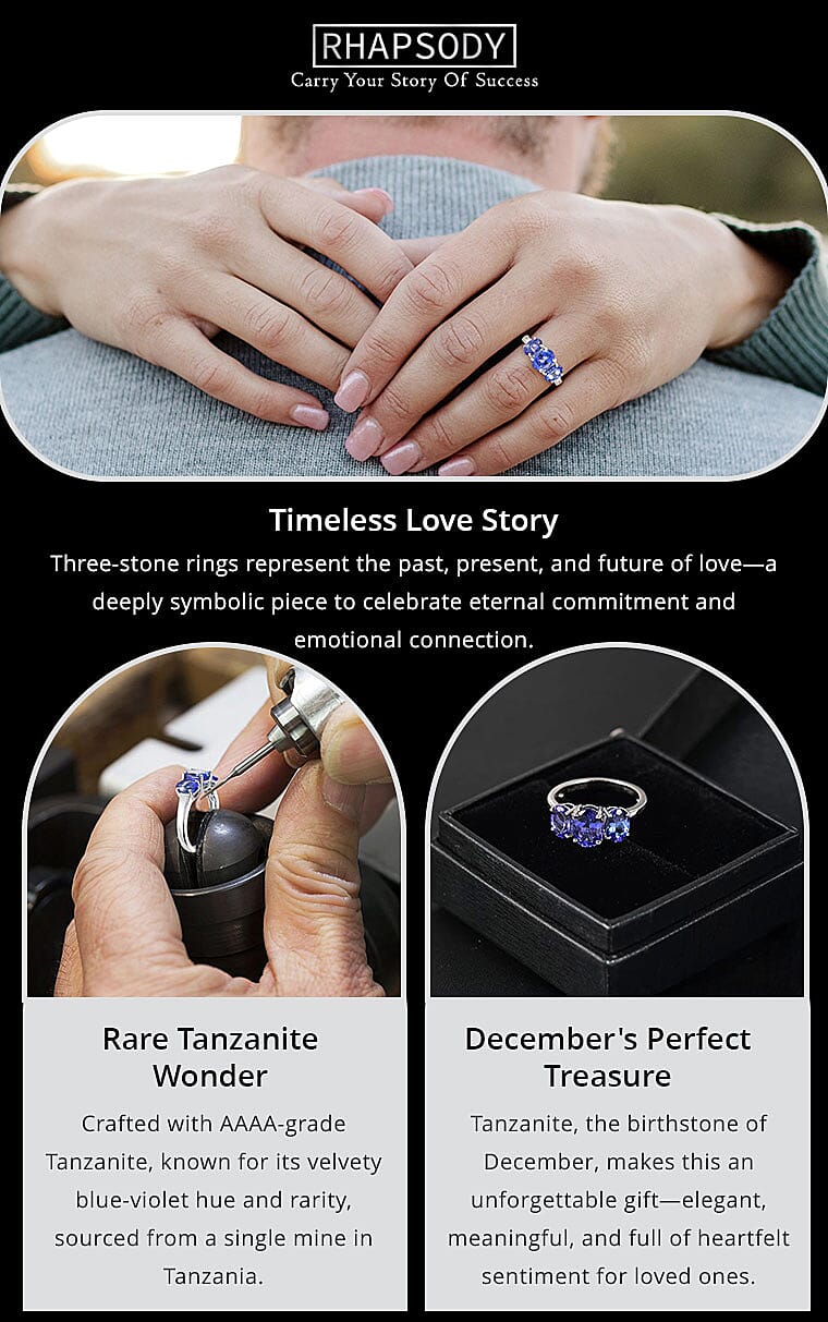 Certified & Appraised Rhapsody AAAA Tanzanite 3.26 ctw 3 Stone Ring Banner