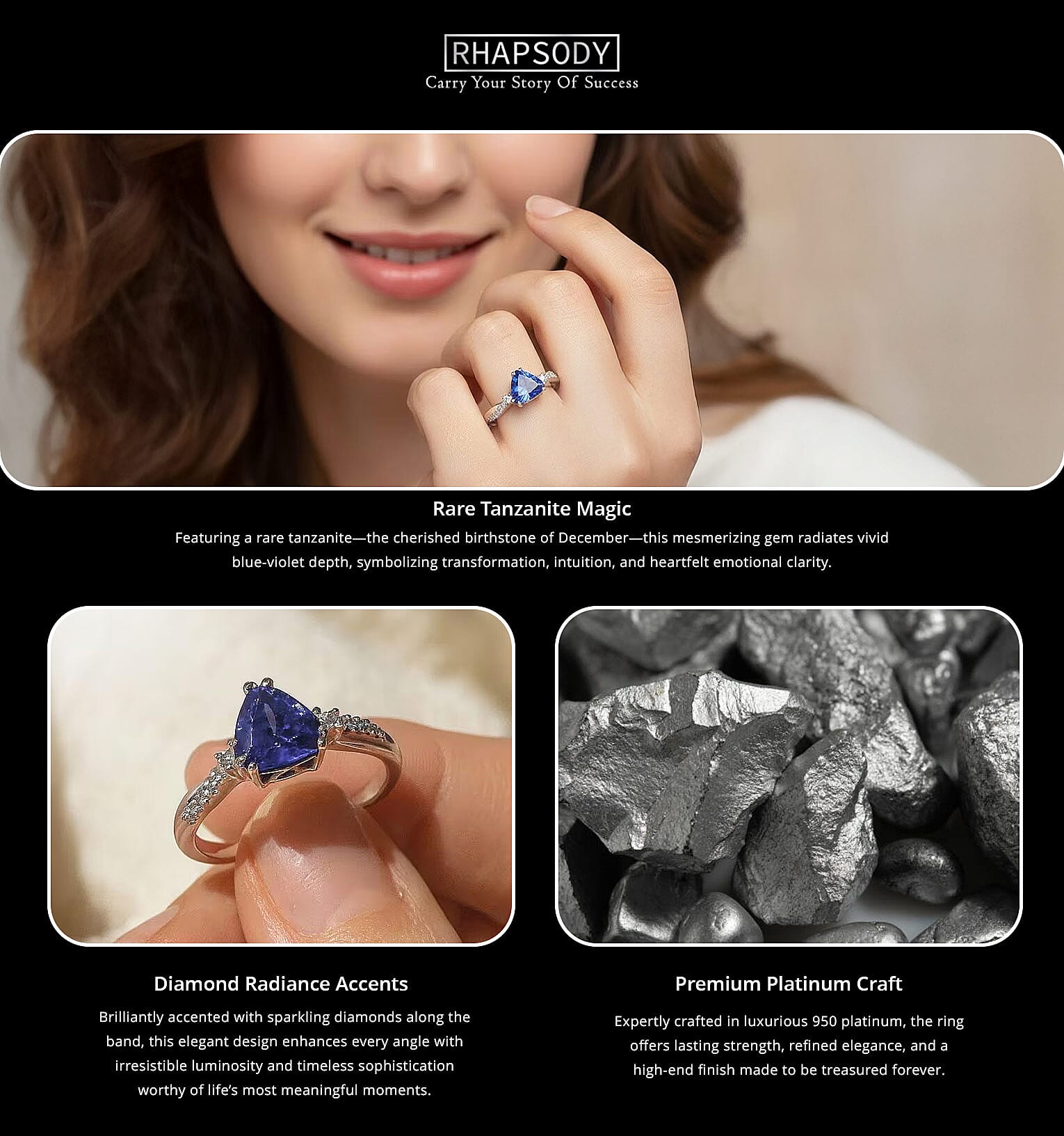 Certified & Appraised Rhapsody AAAA Tanzanite and E-F VS Diamond 1.35 ctw Ring in 950 Platinum 5 Grams Banner