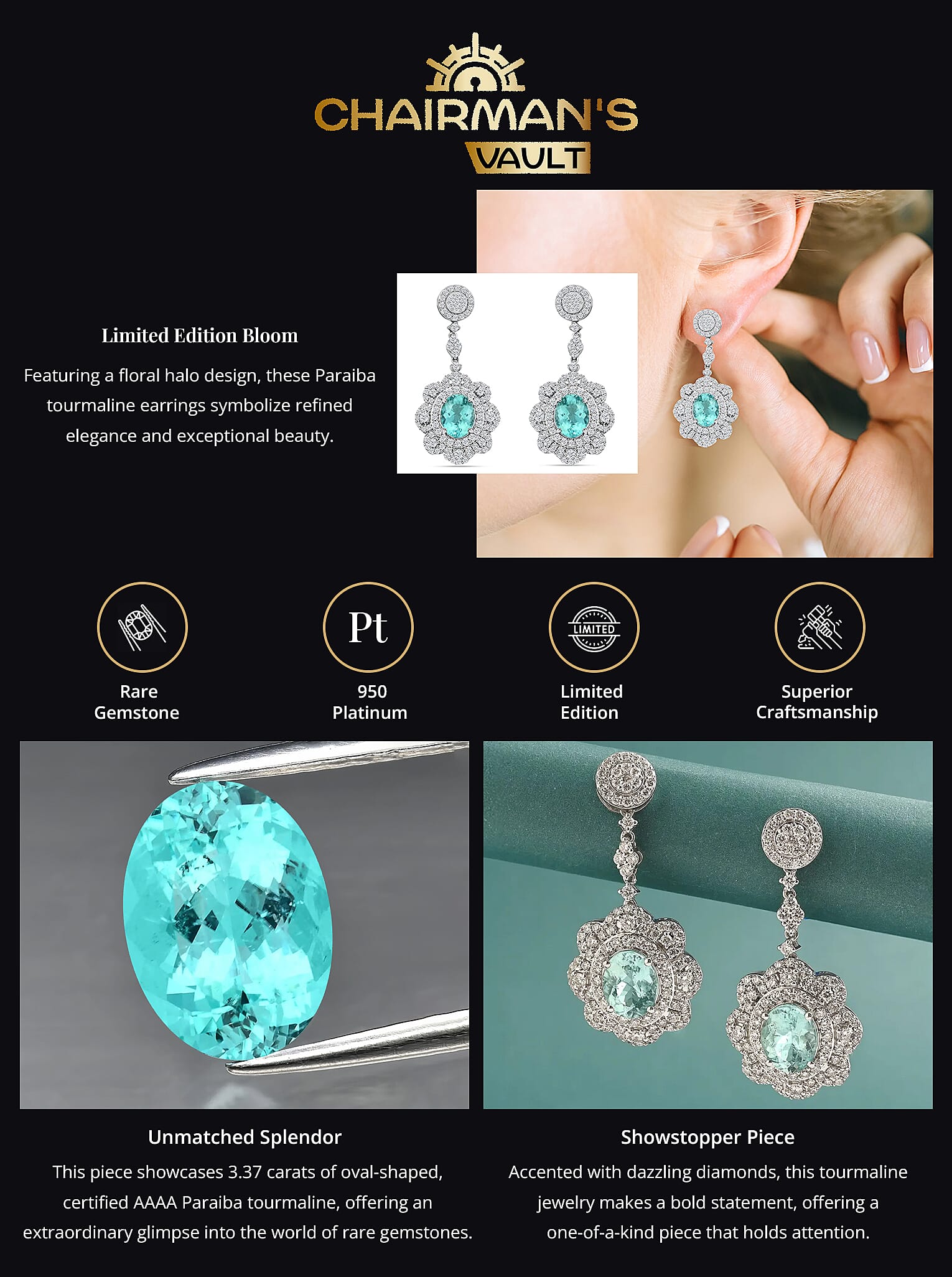 Chairman’s Vault Rhapsody AAAA Paraiba Tourmaline and Diamond Earrings in 950 Platinum_1 Banner