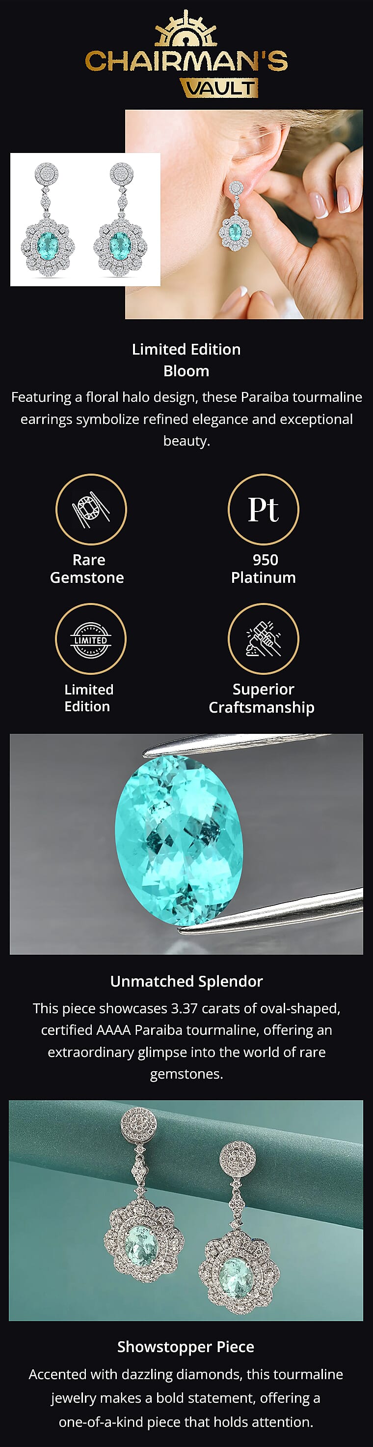 Chairman’s Vault Rhapsody AAAA Paraiba Tourmaline and Diamond Earrings in 950 Platinum_1Banner