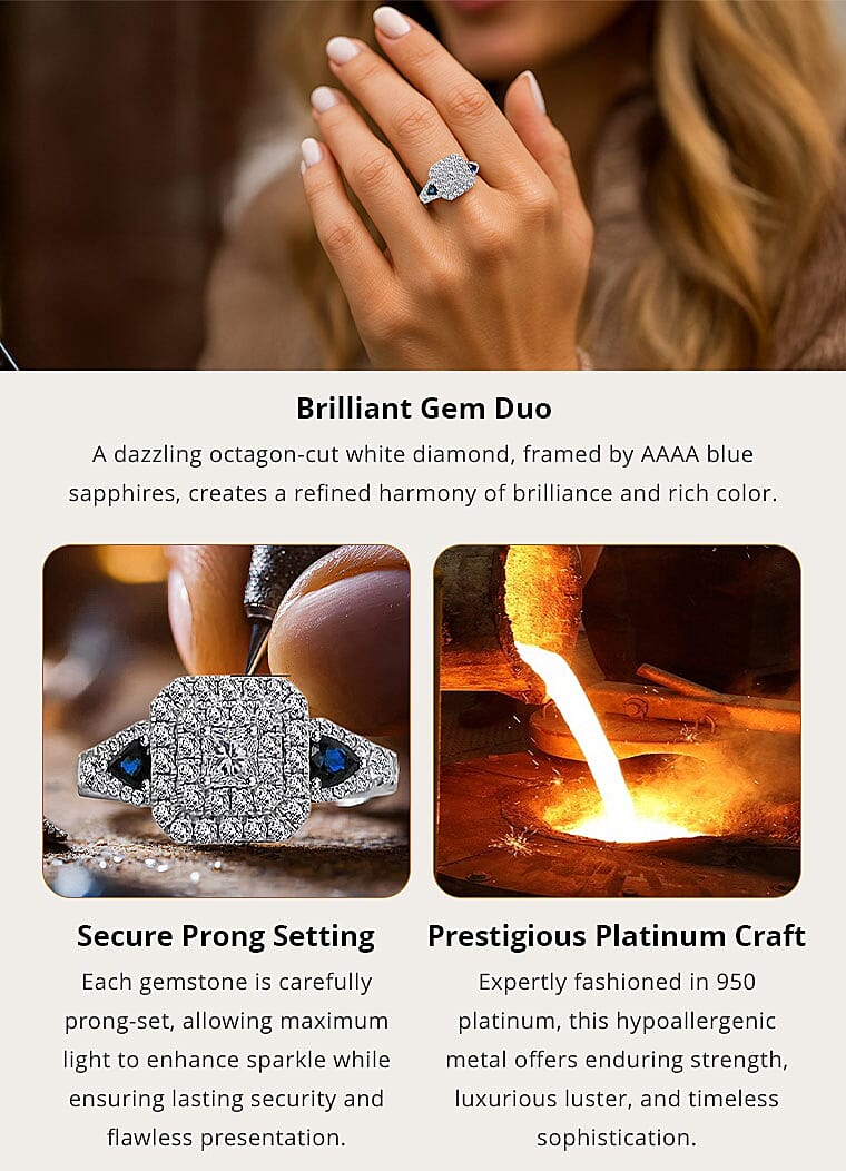 Modani White Diamond (F G VVS) and AAAA Blue Sapphire 1.50 ctw Ring in 950 Platinum 5.80 Grams Banner