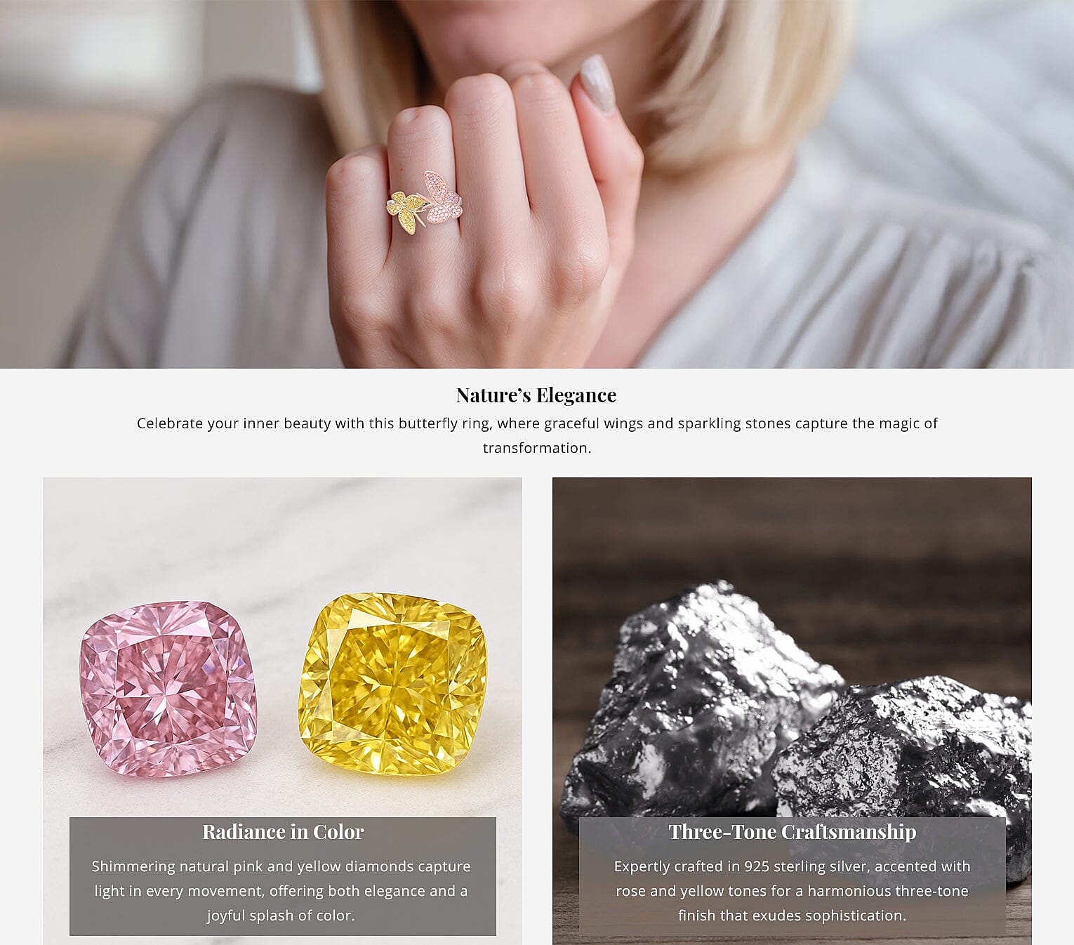 Natural Pink and Yellow Diamond I3 0.50 ctw Butterfly Ring in Vermeil Yellow Rose Gold and Rhodium Over Sterling Silver Banner