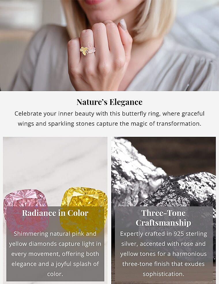 Natural Pink and Yellow Diamond I3 0.50 ctw Butterfly Ring in Vermeil Yellow Rose Gold and Rhodium Over Sterling Silver Banner