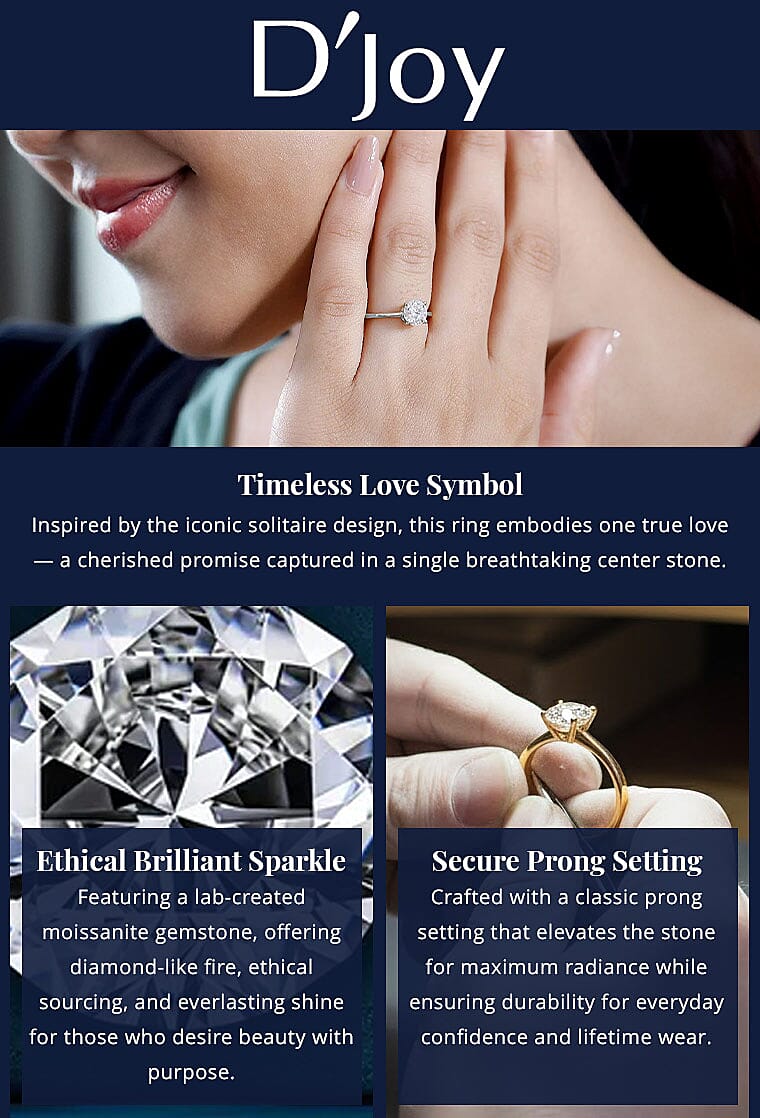 D'Joy Moissanite 0.90 ctw Solitaire Ring in Rhodium Over Sterling Silver Banner