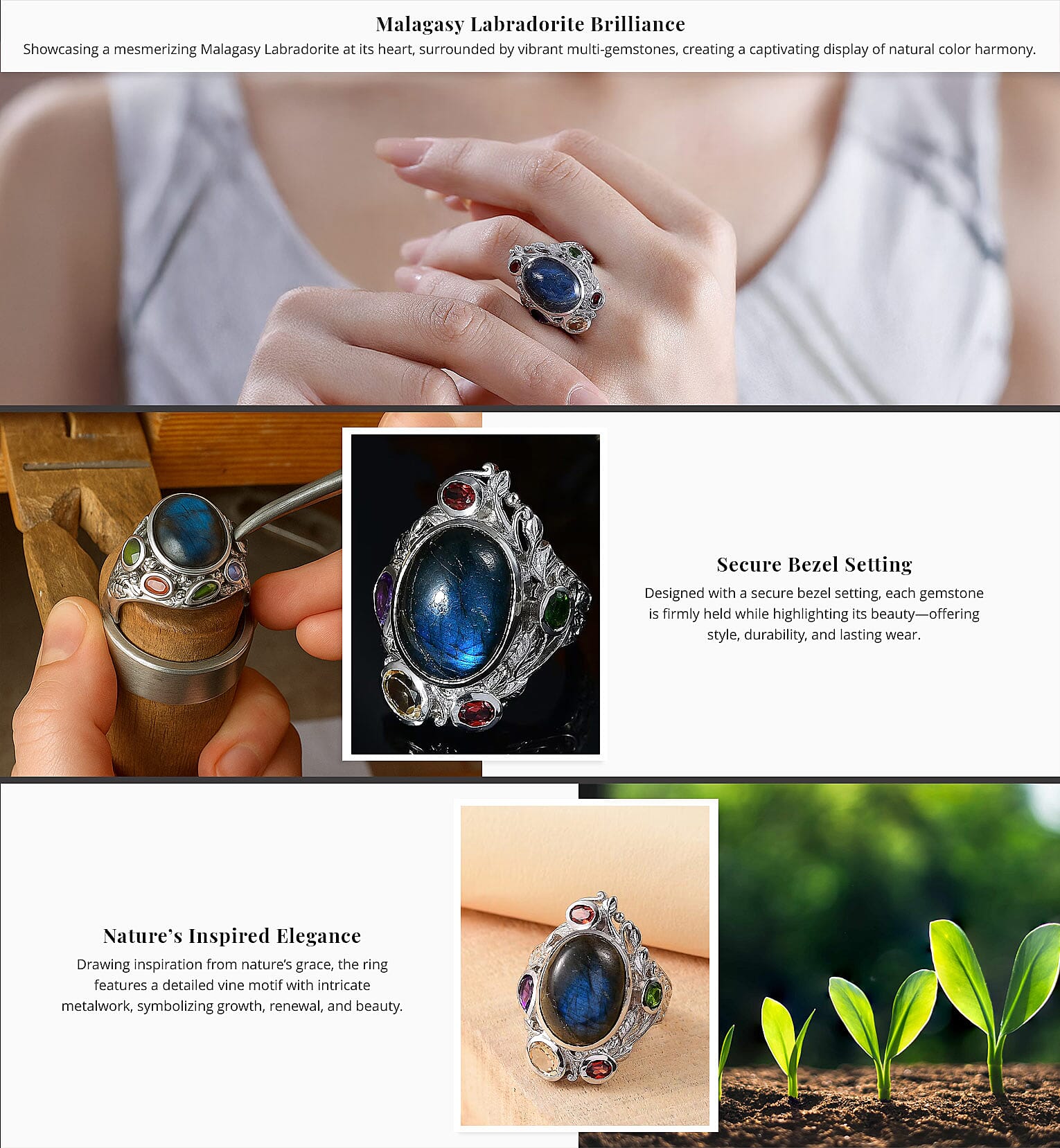 Karis Malagasy Labradorite and Multi Gemstone 12.40 ctw Celestial Garden Ring in Platinum Bond Banner