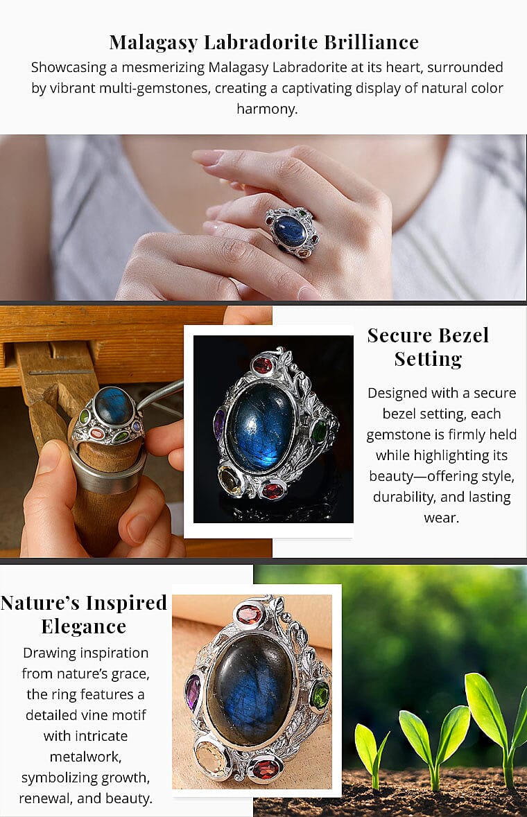 Karis Malagasy Labradorite and Multi Gemstone 12.40 ctw Celestial Garden Ring in Platinum Bond Banner