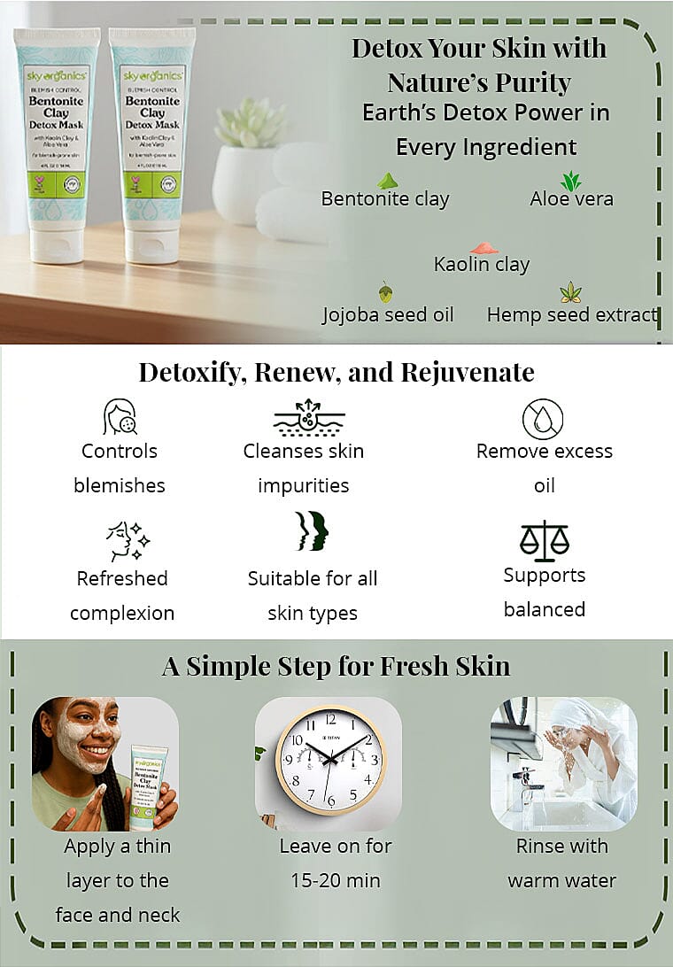 Closeout Sky Organics Bentonite Clay Detox Mask with Kaolin Clay & Aloe Vera BOGO (2x4oz) Banner