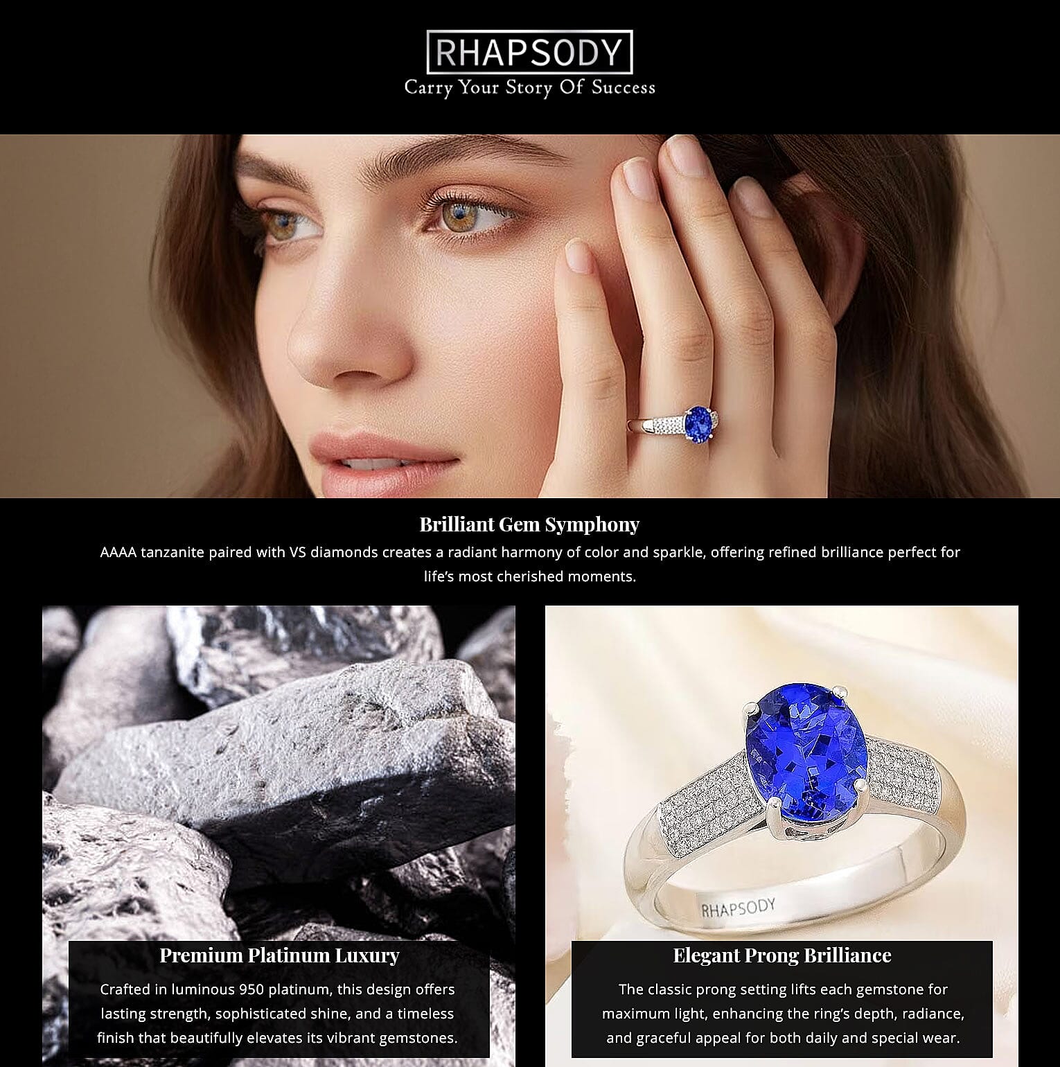 Certified & Appraised Rhapsody AAAA Tanzanite and E-F VS Diamond 2.30 ctw Ring in 950 Platinum 7.90 Grams Banner