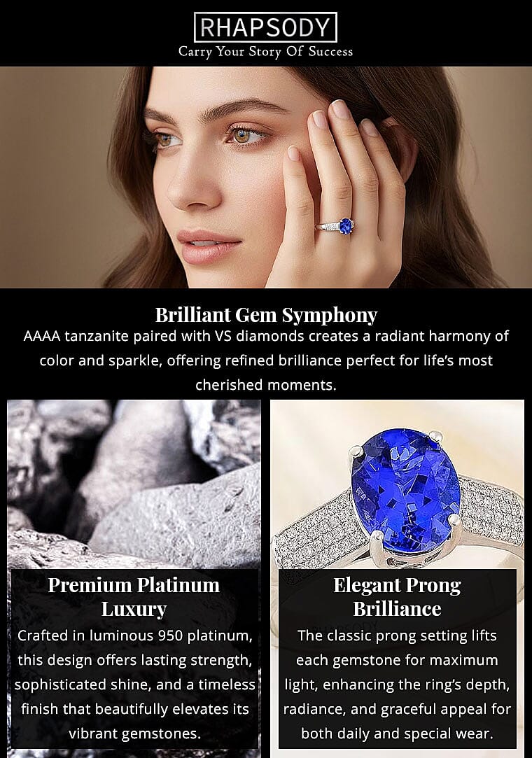 Certified & Appraised Rhapsody AAAA Tanzanite and E-F VS Diamond 2.30 ctw Ring in 950 Platinum 7.90 Grams Banner
