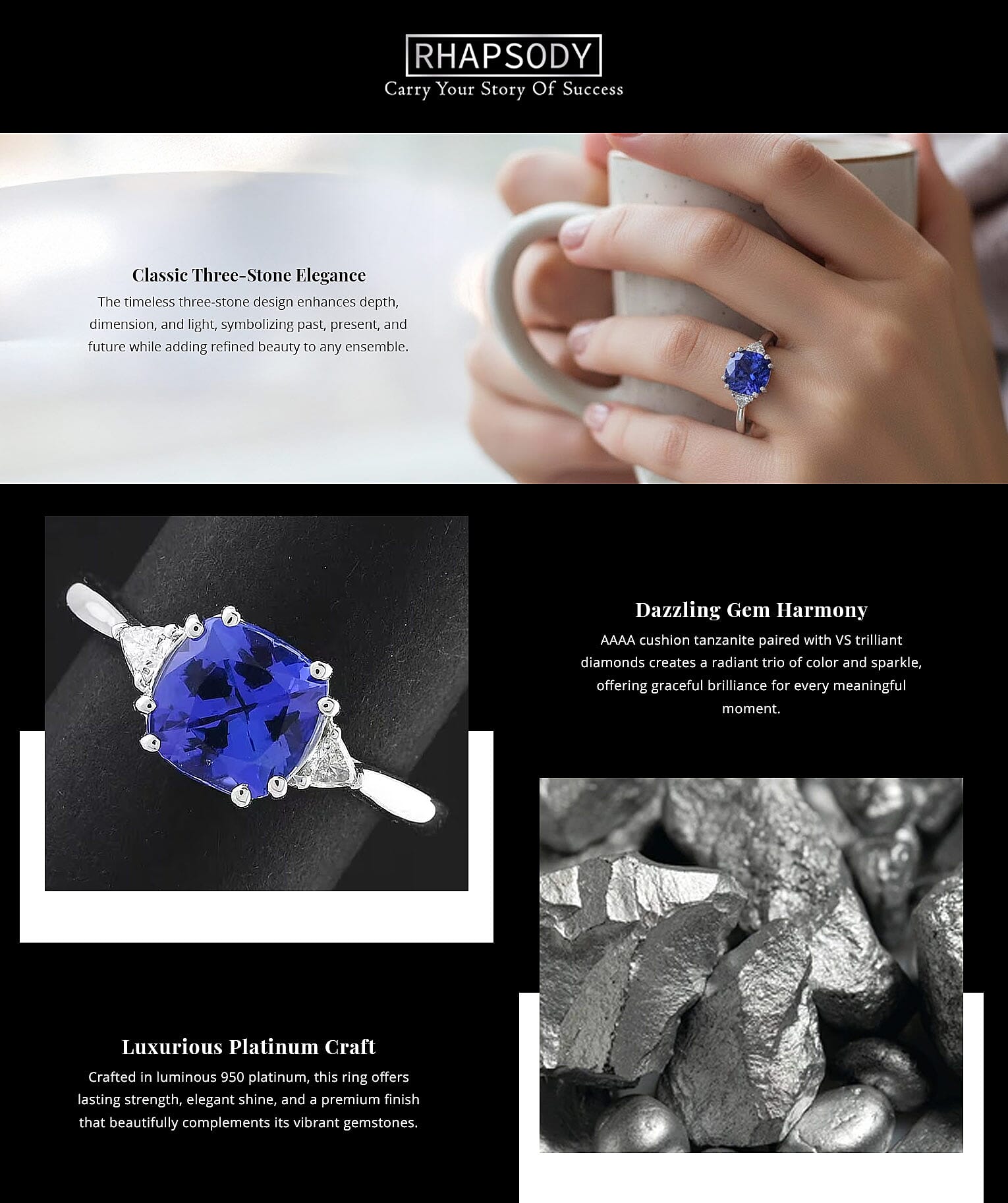 Certified & Appraised Rhapsody AAAA Tanzanite and E-F VS Diamond 2.60 ctw Ring in 950 Platinum 5.60 Grams Banner