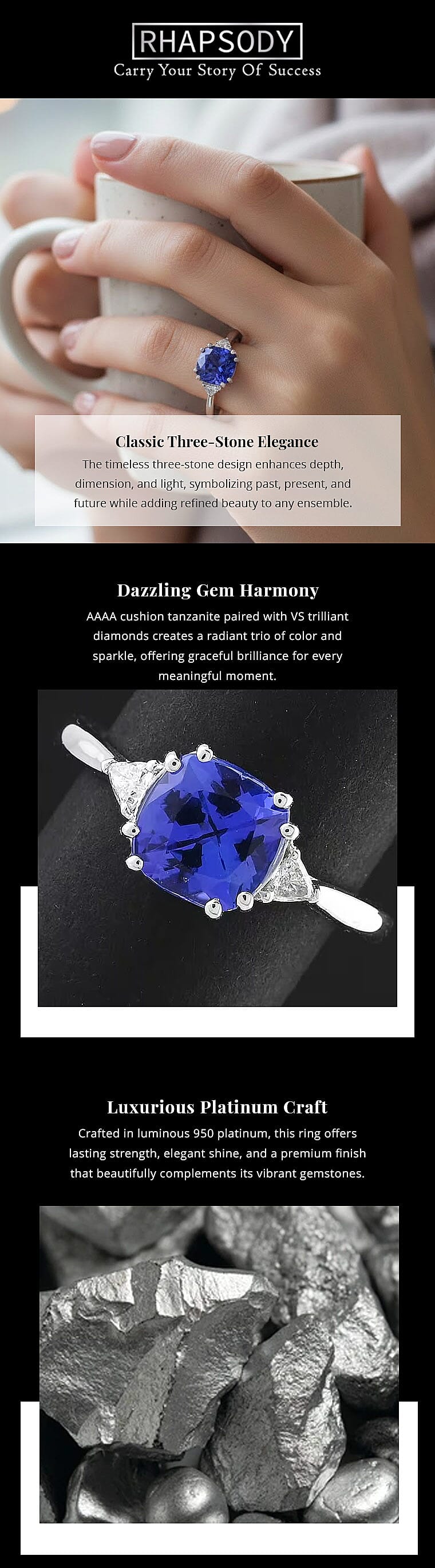 Certified & Appraised Rhapsody AAAA Tanzanite and E-F VS Diamond 2.60 ctw Ring in 950 Platinum 5.60 Grams Banner