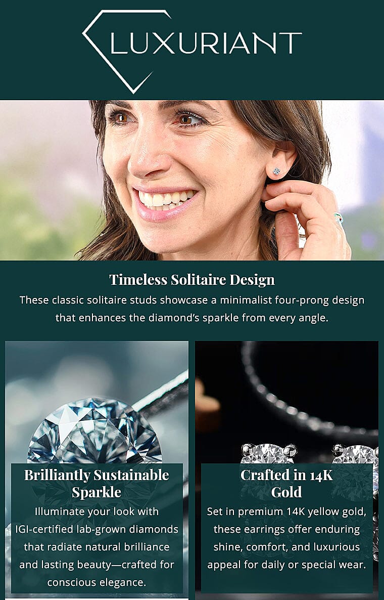 IGI Certified Luxuriant Lab Grown Diamond E-F VS 0.50 ctw Solitaire Stud Earrings in 14K Yellow Gold Banner