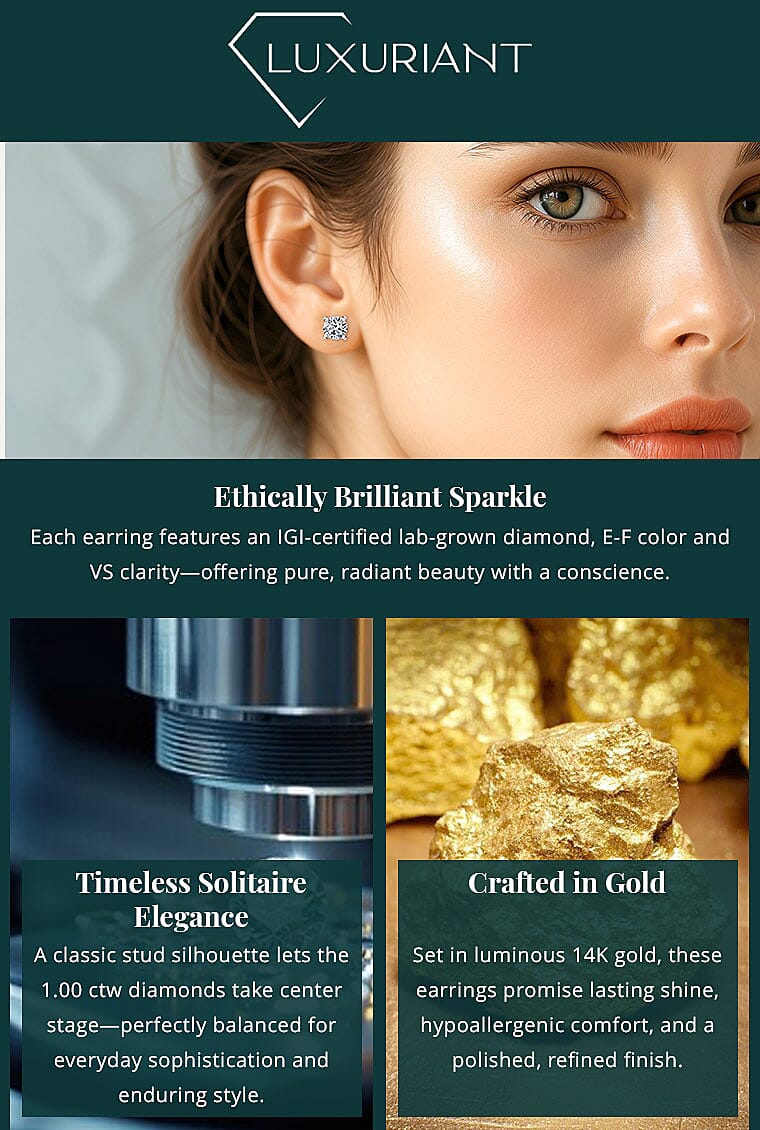 IGI Certified Luxuriant Lab Grown Diamond E-F VS 1.00 ctw Solitaire Stud Earrings in 14K White Gold Banner
