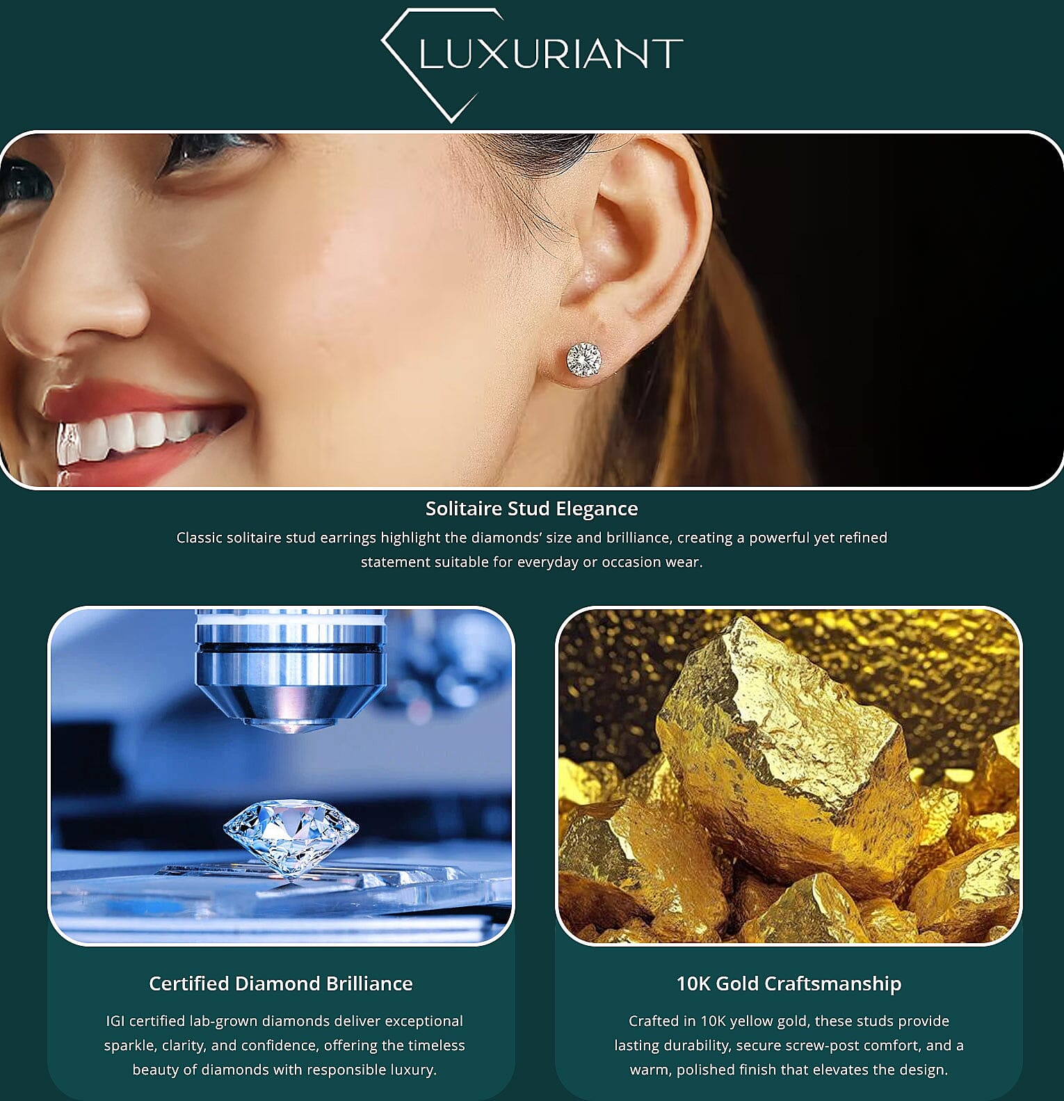 IGI Certified Luxuriant Lab Grown Diamond E-F VS 3.00 ctw Solitaire Stud Earrings in 10K Yellow Gold Banner