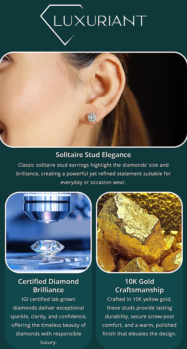 IGI Certified Luxuriant Lab Grown Diamond E-F VS 3.00 ctw Solitaire Stud Earrings in 10K Yellow Gold Banner