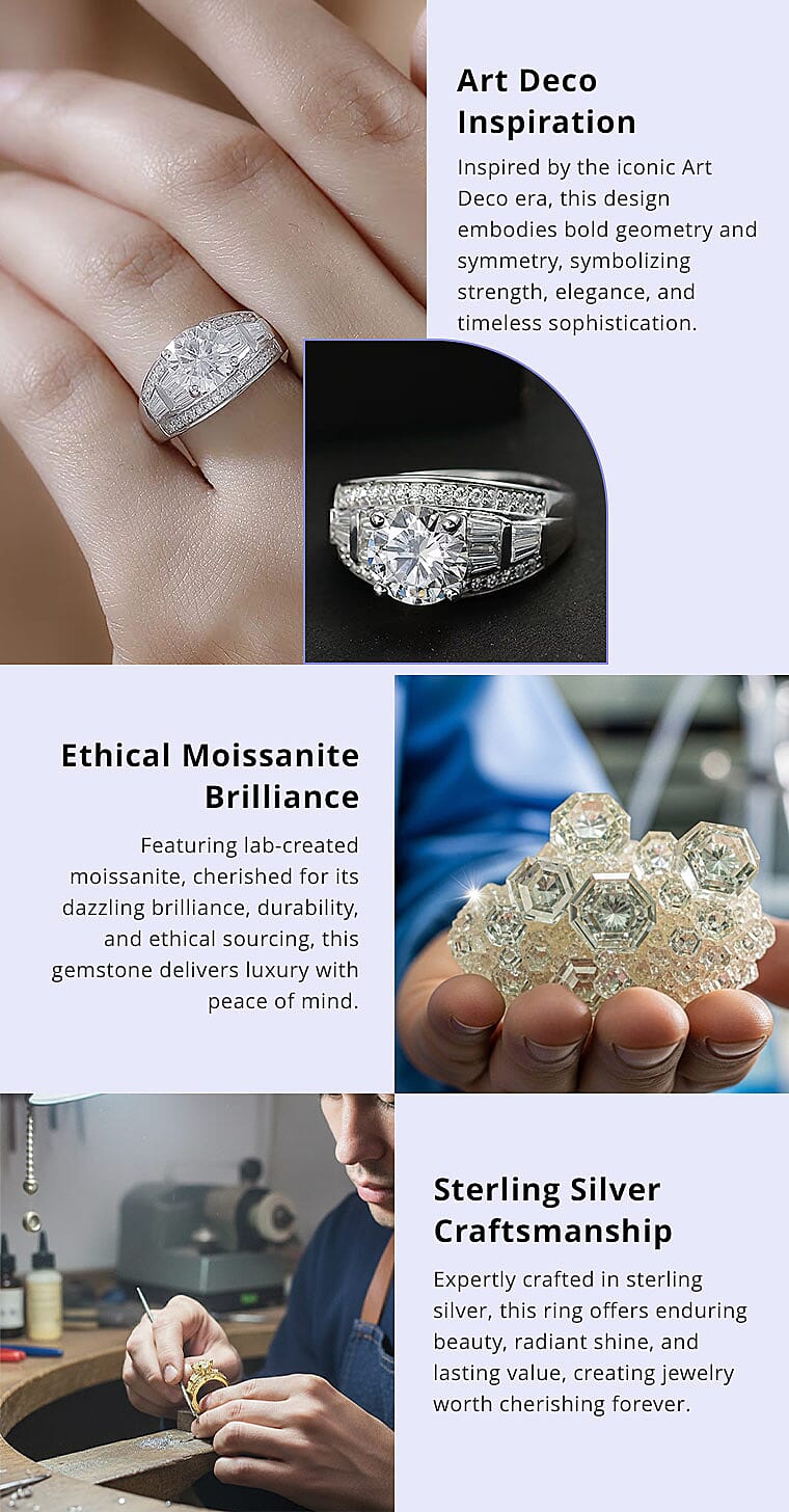 Moissanite 3.10 ctw Art Deco Ring in Rhodium Over Sterling Silver (Del. In 10-12 Days) Banner