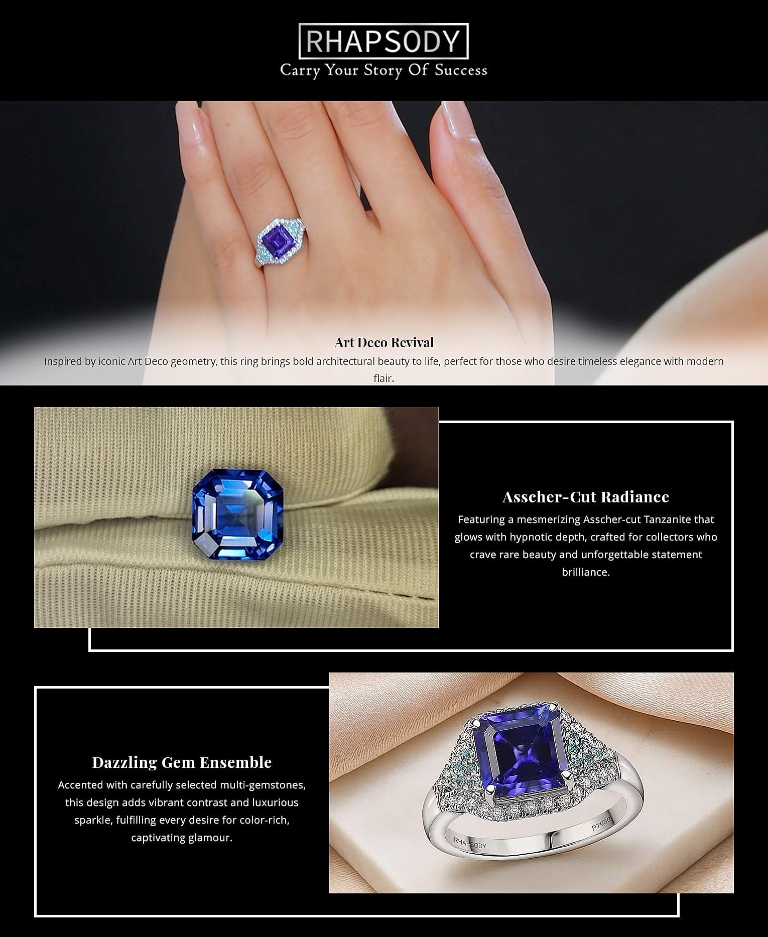 Certified & Appraised Rhapsody 950 Platinum Asscher Cut AAAA Tanzanite, Paraiba Tourmaline, Diamond (E-F, VS) (0.34 cts) Ring (6.45 g) 3.37 ctw Banner
