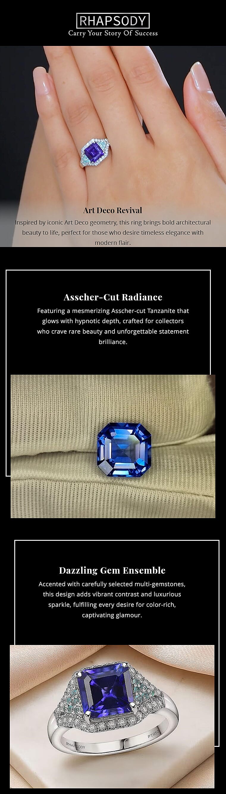 Certified & Appraised Rhapsody 950 Platinum Asscher Cut AAAA Tanzanite, Paraiba Tourmaline, Diamond (E-F, VS) (0.34 cts) Ring (6.45 g) 3.37 ctw Banner