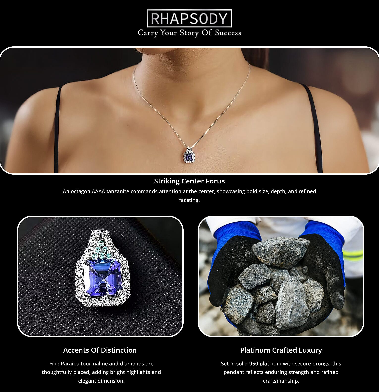 Certified & Appraised Rhapsody AAAA Tanzanite, Paraiba Tourmaline and E-F VS Diamond 3.37 ctw Pendant without Chain in 950 Platinum Banner