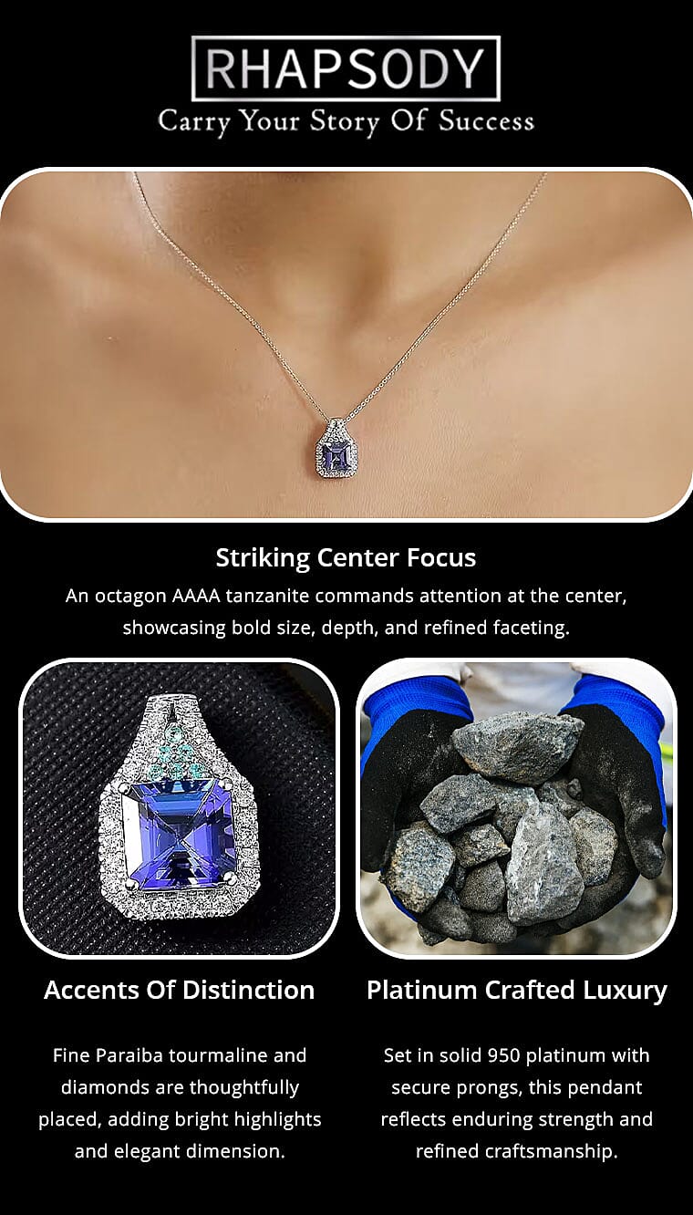 Certified & Appraised Rhapsody AAAA Tanzanite, Paraiba Tourmaline and E-F VS Diamond 3.37 ctw Pendant without Chain in 950 Platinum Banner