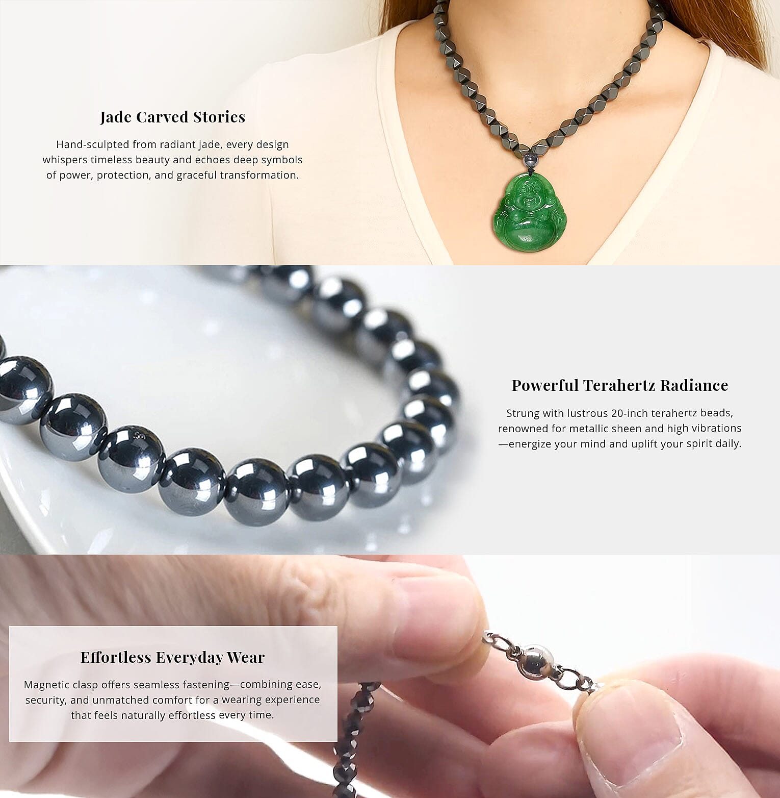 Green Jade (D) Laughing Buddha Carved and Terahertz 315.00 ctw Beaded Knotted Necklace Banner