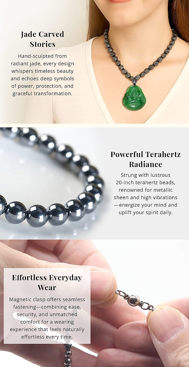 Green Jade (D) Laughing Buddha Carved and Terahertz 315.00 ctw Beaded Knotted Necklace Banner